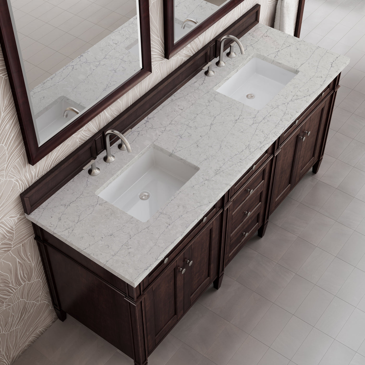 James Martin Brittany 72" Double Bathroom Vanity, Burnished Mahogany with Eternal Jasmine Pearl countertop