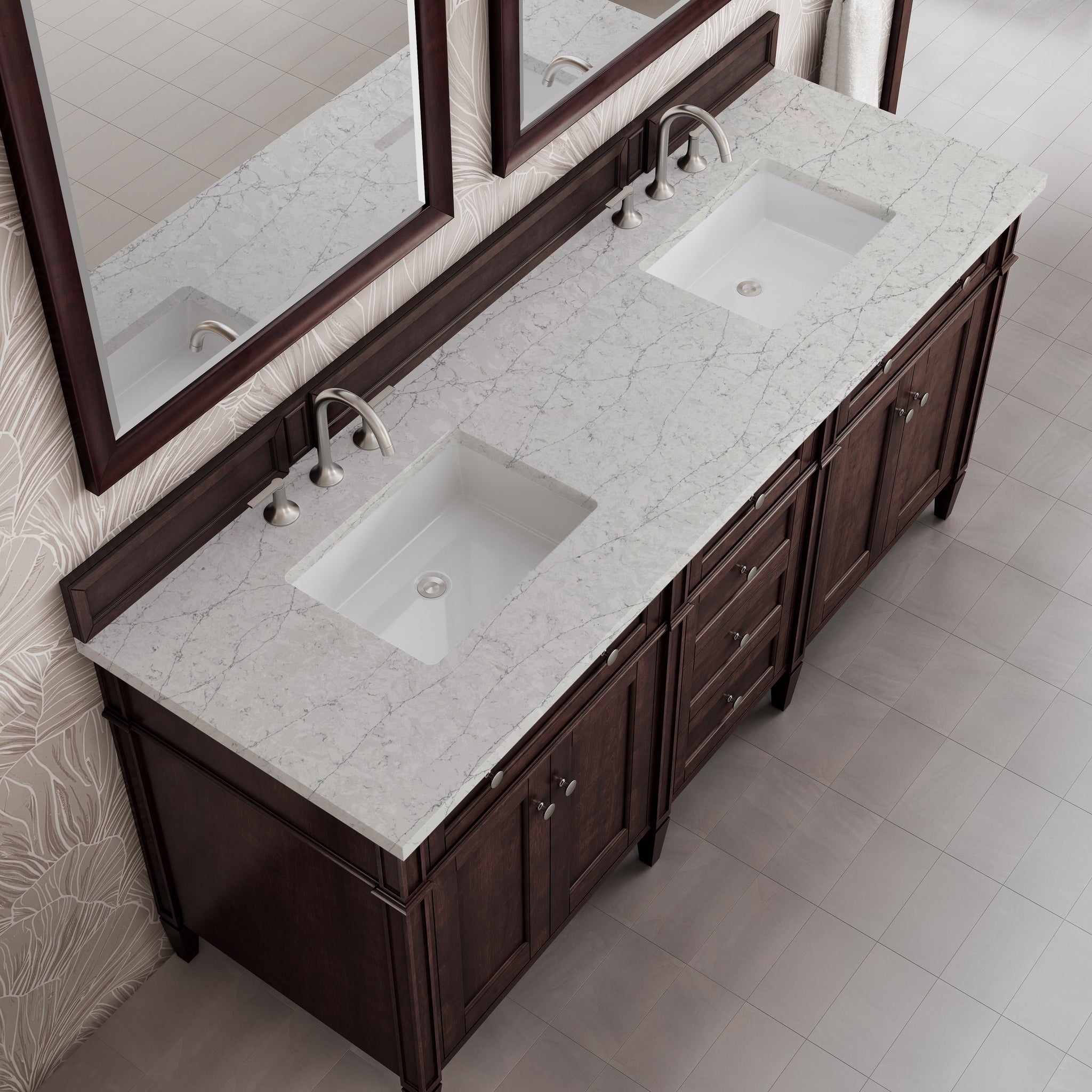 James Martin Brittany 72" Double Bathroom Vanity, Burnished Mahogany with Eternal Jasmine Pearl countertop