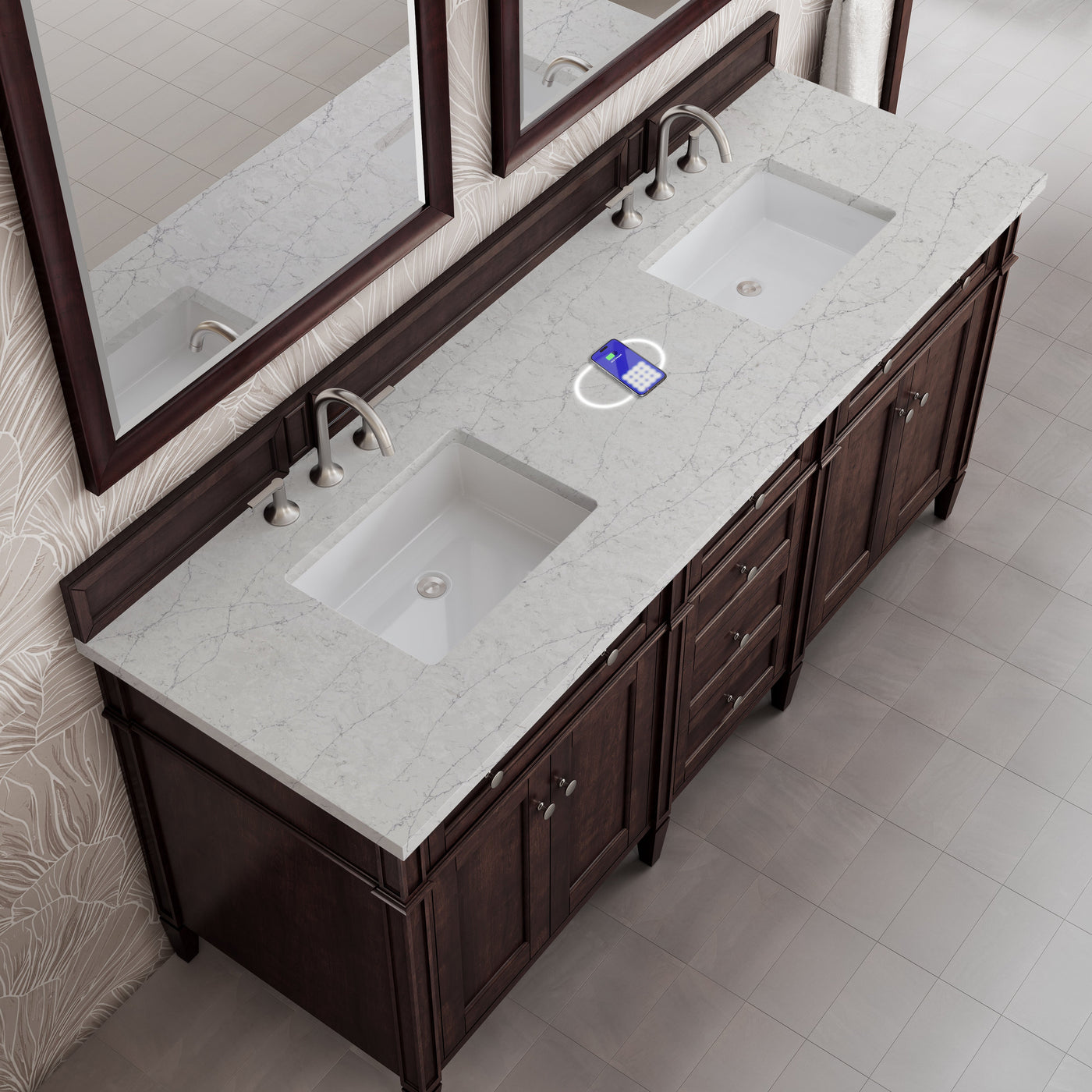 James Martin Brittany 72" Double Bathroom Vanity, Burnished Mahogany with Eternal Jasmine Pearl (FreePower) countertop