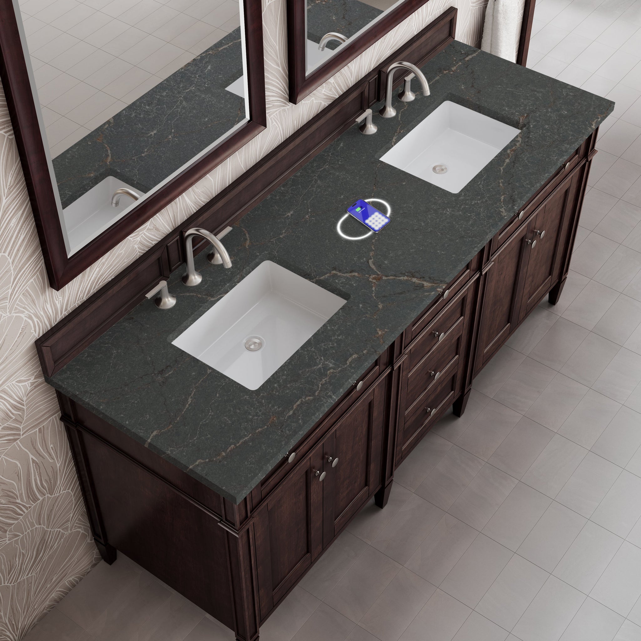 James Martin Brittany 72" Double Bathroom Vanity, Burnished Mahogany with Parisien Bleu (FreePower) countertop