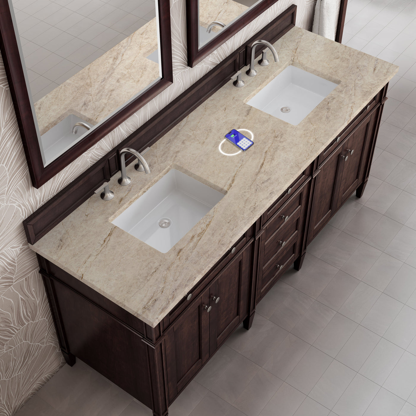 James Martin Brittany 72" Double Bathroom Vanity, Burnished Mahogany with Tajnar (FreePower) countertop