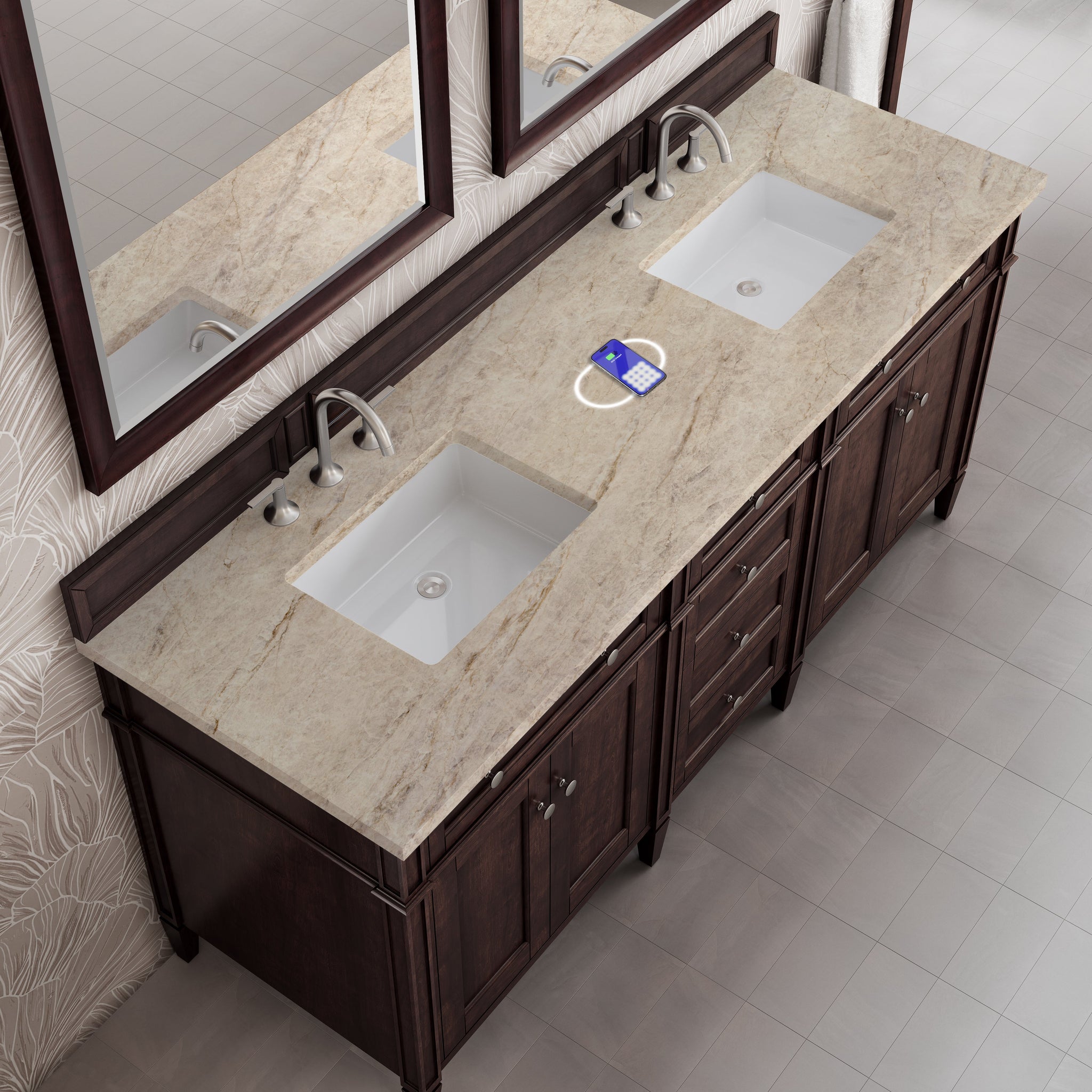 James Martin Brittany 72" Double Bathroom Vanity, Burnished Mahogany with Tajnar (FreePower) countertop