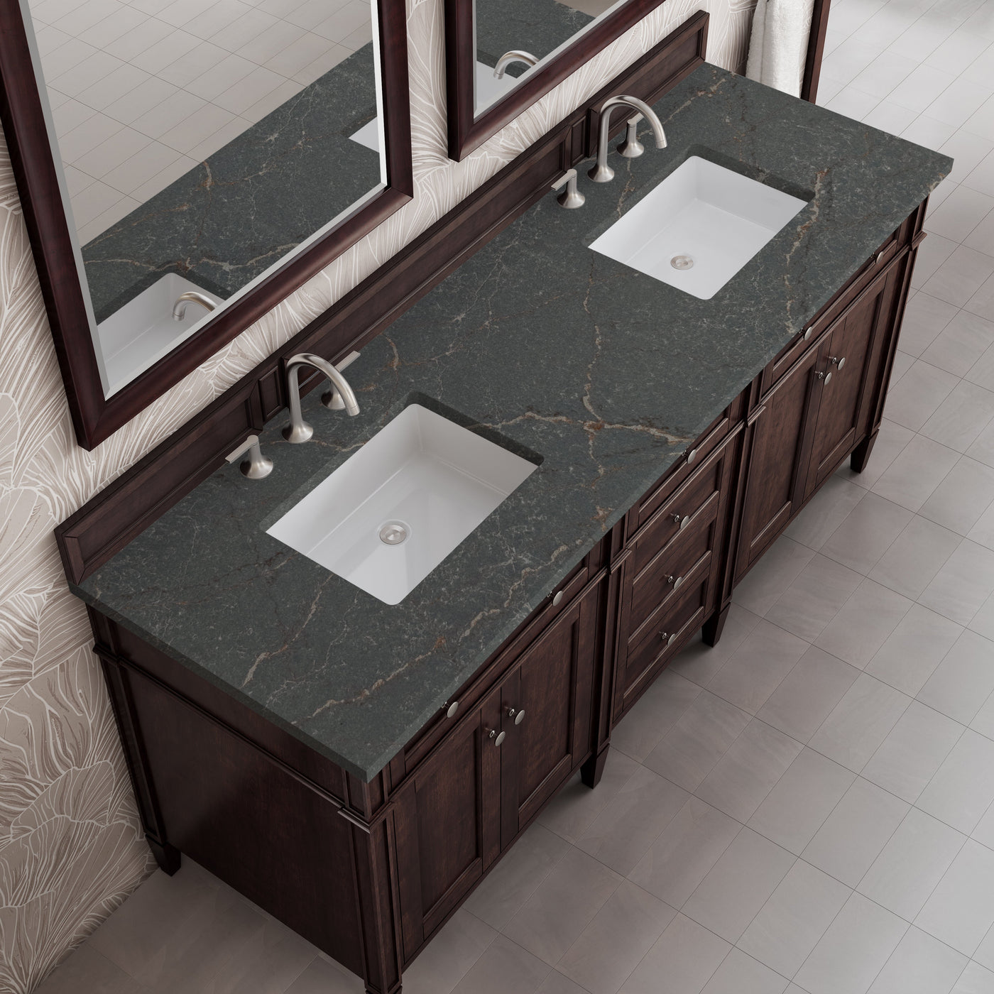 James Martin Brittany 72" Double Bathroom Vanity, Burnished Mahogany with Parisien Bleu countertop