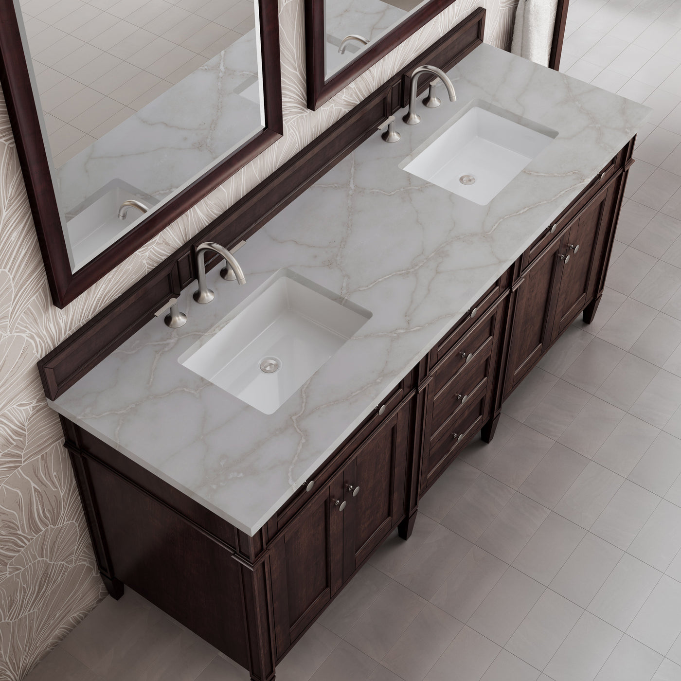 James Martin Brittany 72" Double Bathroom Vanity, Burnished Mahogany with Victorian Silver countertop