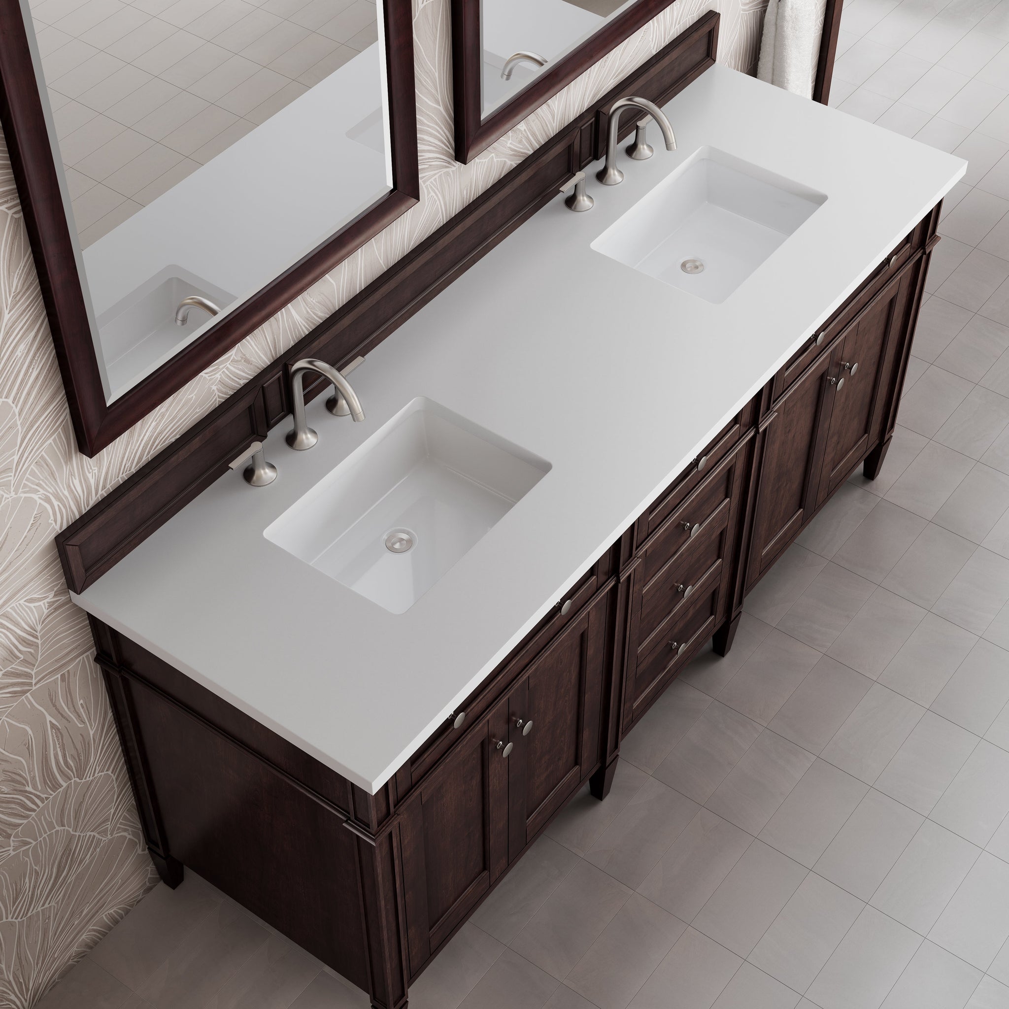 James Martin Brittany 72" Double Bathroom Vanity, Burnished Mahogany with White Zeus countertop