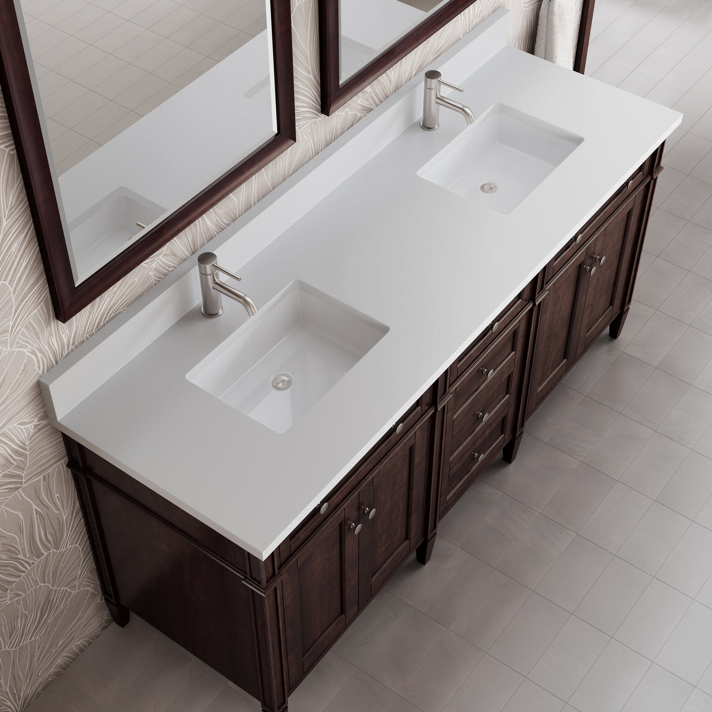 James Martin Brittany 72" Double Bathroom Vanity, Burnished Mahogany with White Zeus (Single Hole, with Backsplash) countertop
