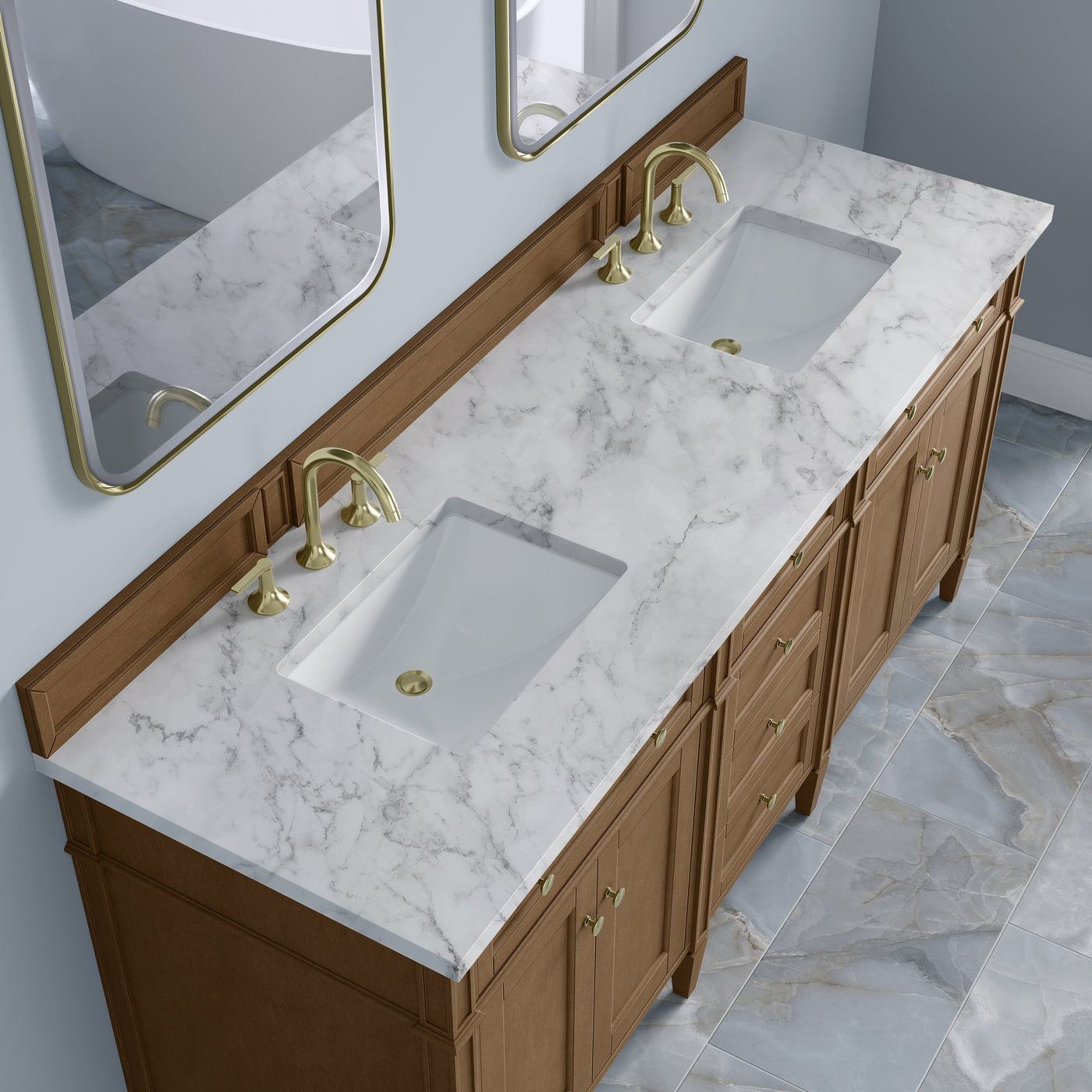 James Martin Brittany 72" Double Bathroom Vanity, Pecan with Carrara White countertop