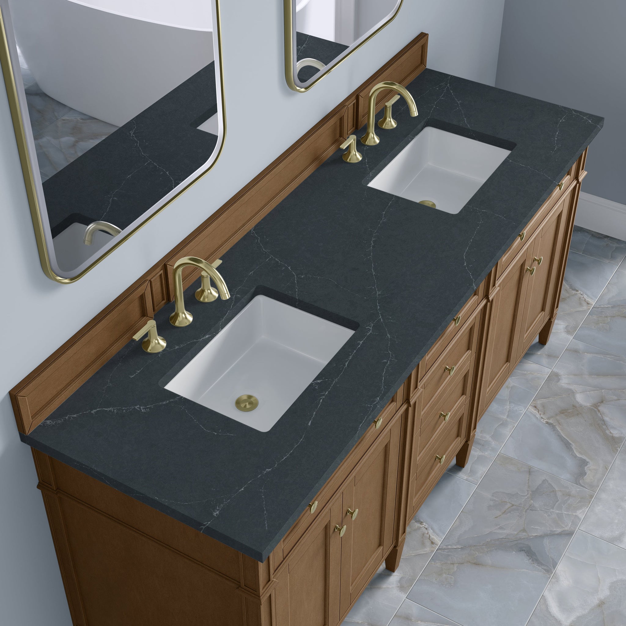 James Martin Brittany 72" Double Bathroom Vanity, Pecan with Charcoal Soapstone countertop