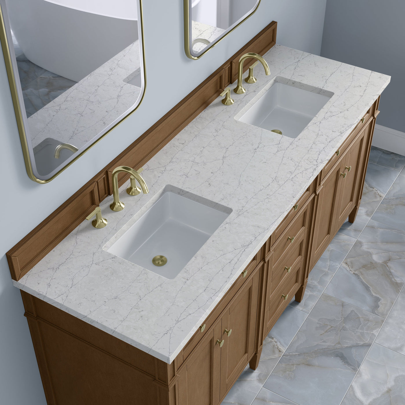 James Martin Brittany 72" Double Bathroom Vanity, Pecan with Eternal Jasmine Pearl countertop