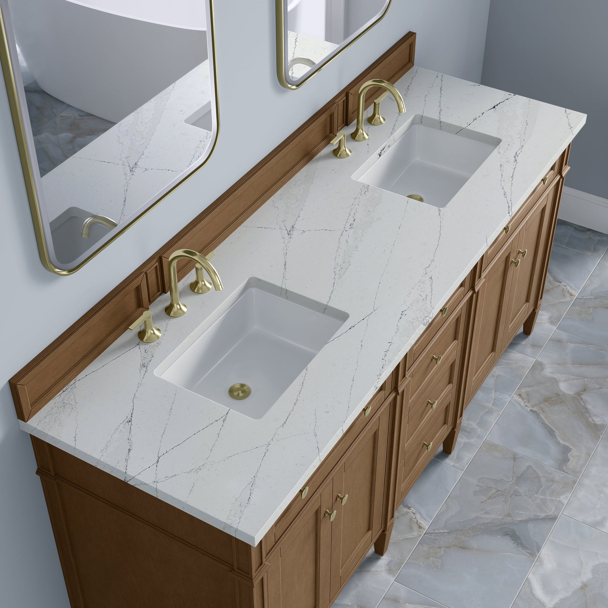 James Martin Brittany 72" Double Bathroom Vanity, Pecan with Ethereal Noctis countertop