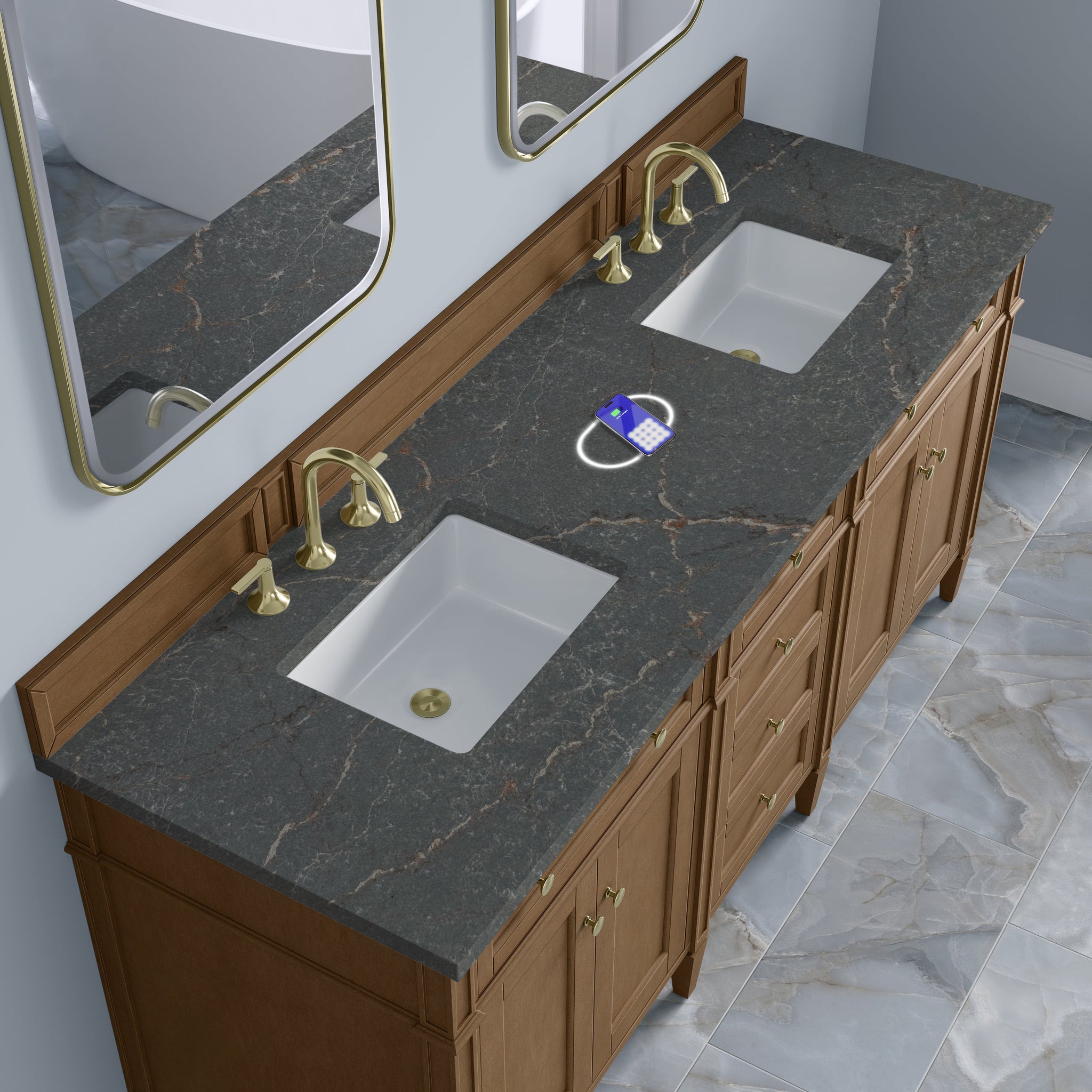 James Martin Brittany 72" Double Bathroom Vanity, Pecan with Parisien Bleu (FreePower) countertop