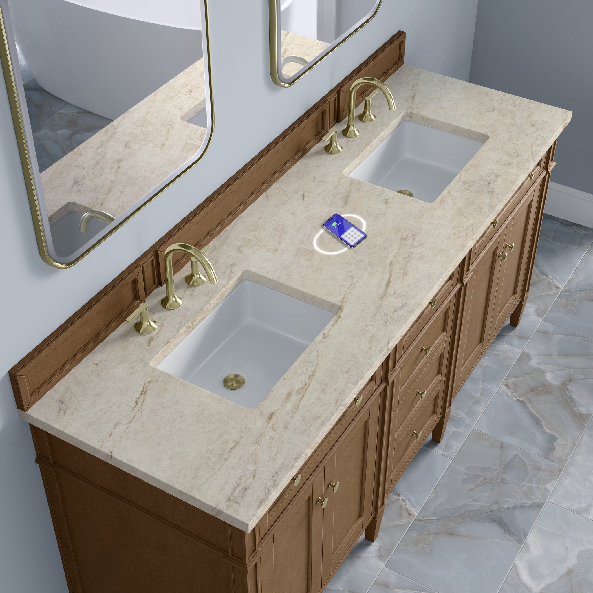 James Martin Brittany 72" Double Bathroom Vanity, Pecan with Tajnar (FreePower) countertop