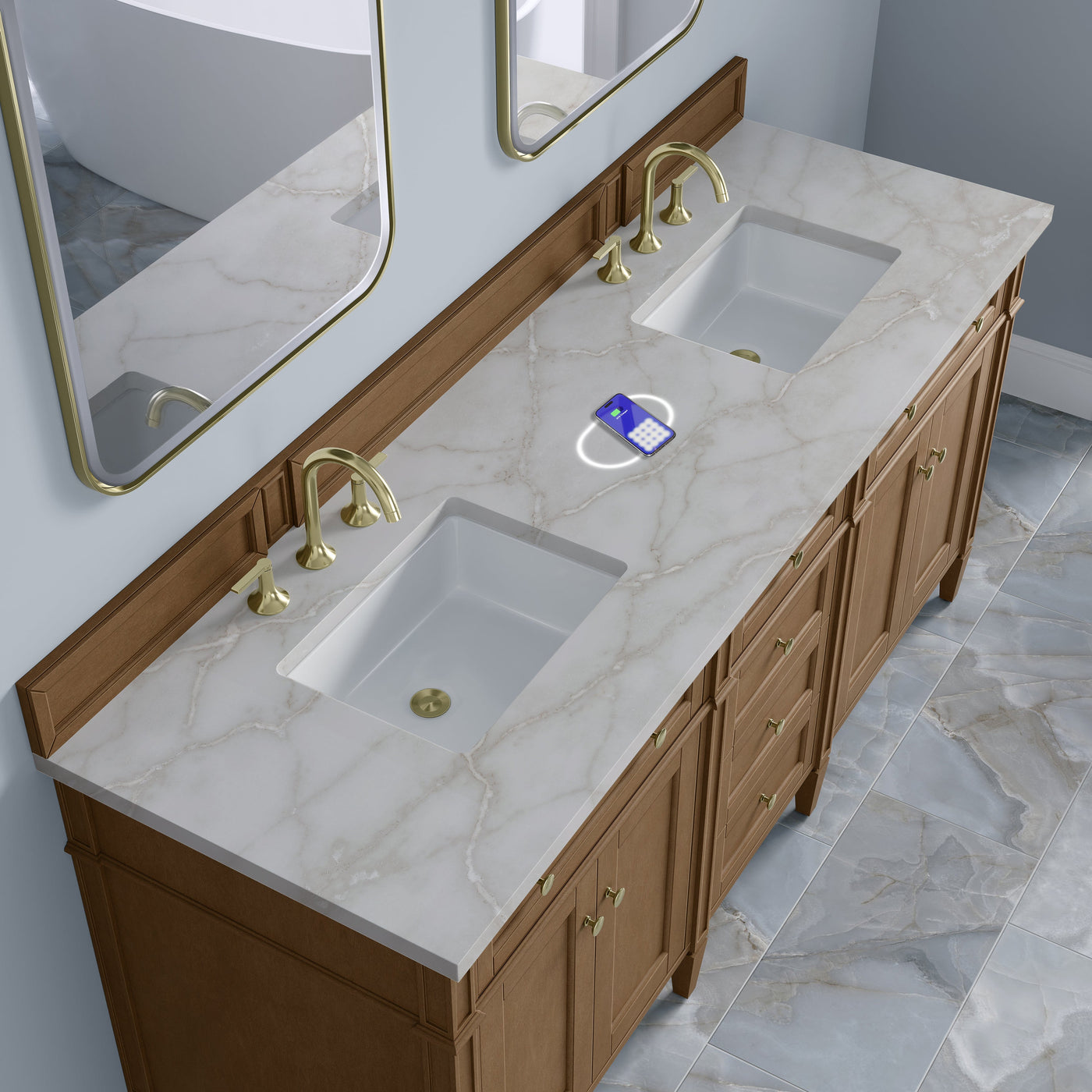 James Martin Brittany 72" Double Bathroom Vanity, Pecan with Victorian Silver (FreePower) countertop