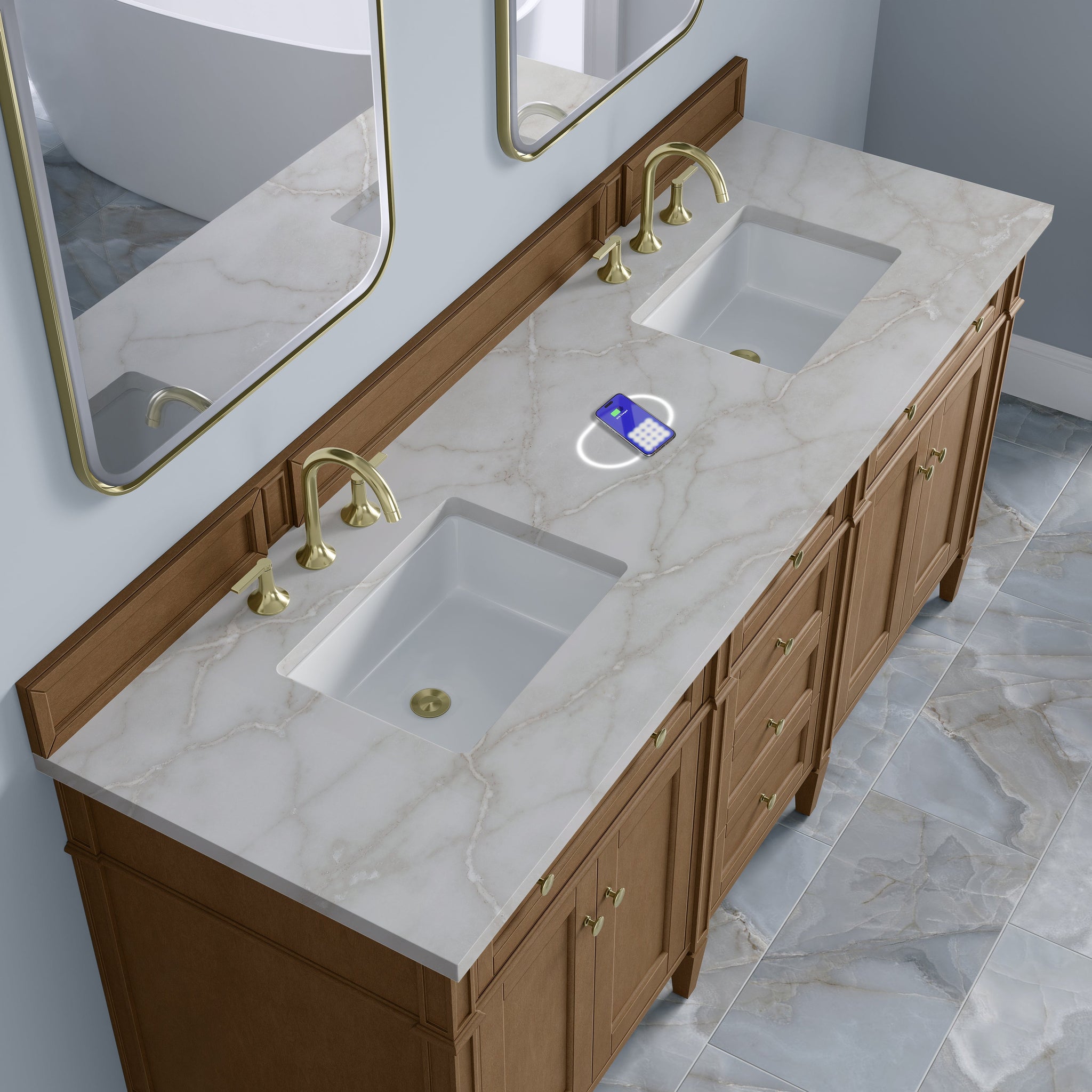 James Martin Brittany 72" Double Bathroom Vanity, Pecan with Victorian Silver (FreePower) countertop