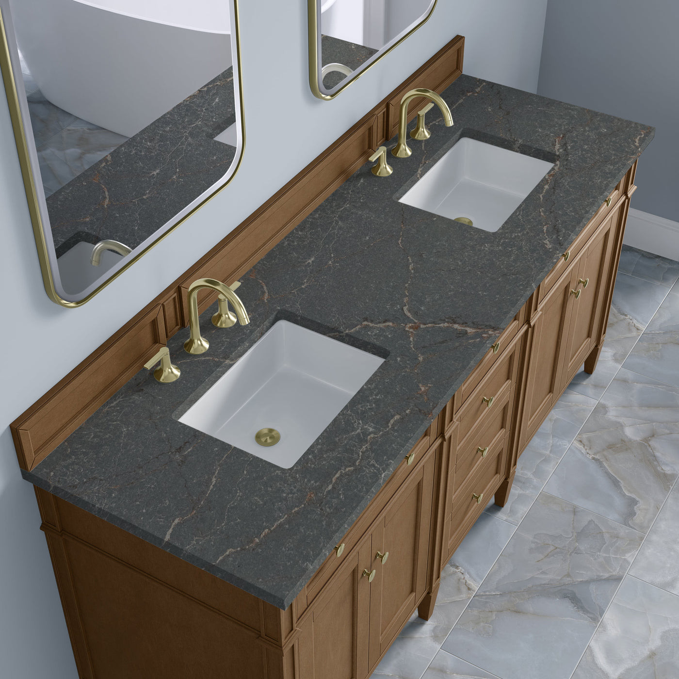James Martin Brittany 72" Double Bathroom Vanity, Pecan with Parisien Bleu countertop