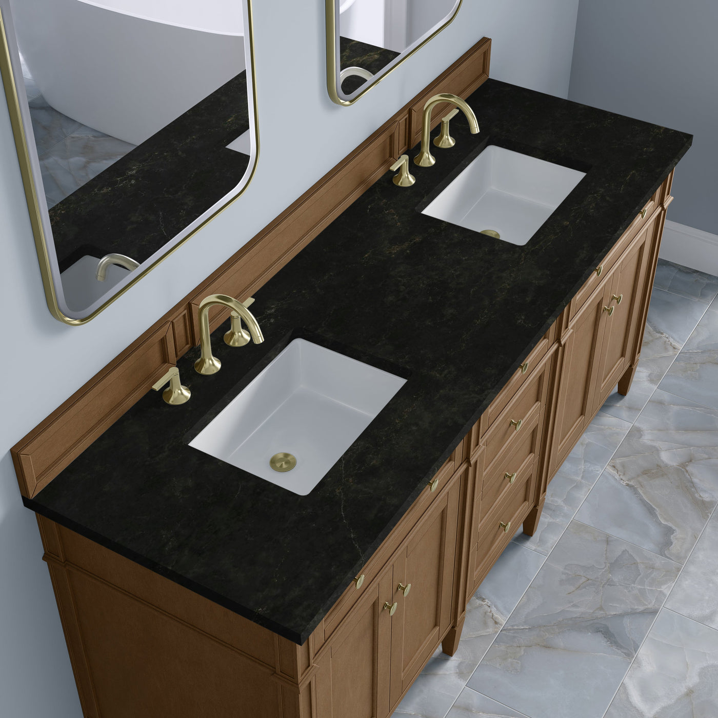 James Martin Brittany 72" Double Bathroom Vanity, Pecan with Phantome countertop