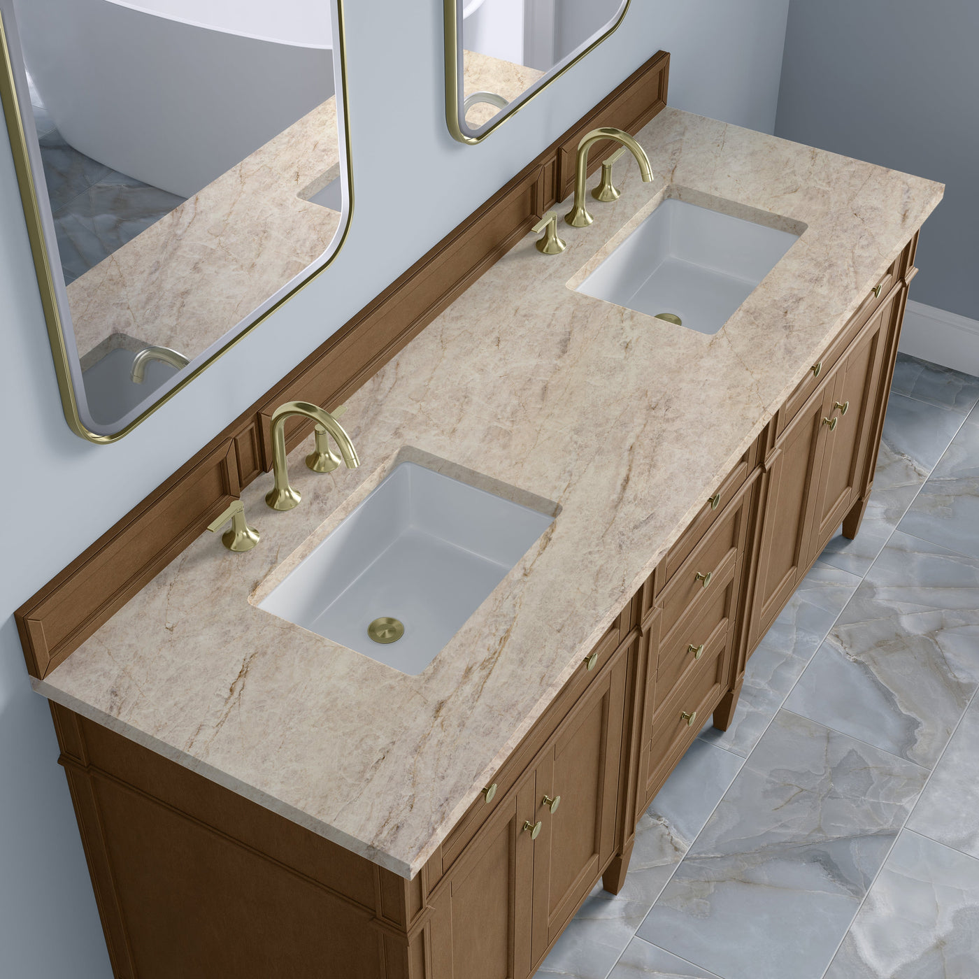 James Martin Brittany 72" Double Bathroom Vanity, Pecan with Tajnar countertop