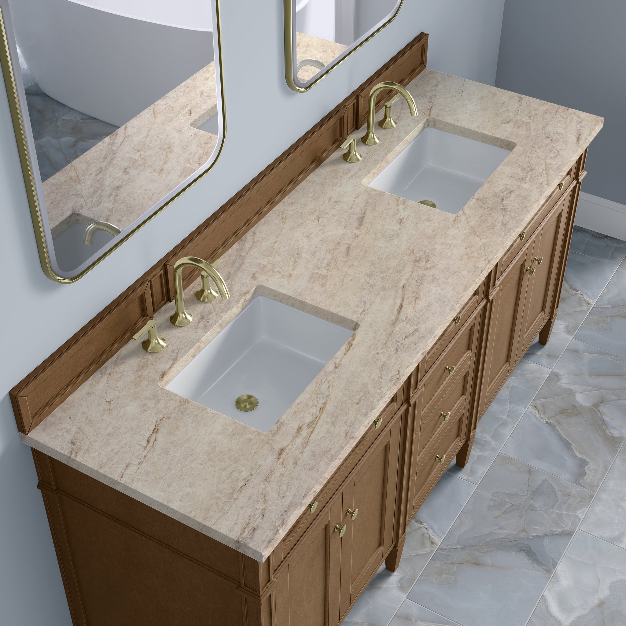 James Martin Brittany 72" Double Bathroom Vanity, Pecan with Tajnar countertop