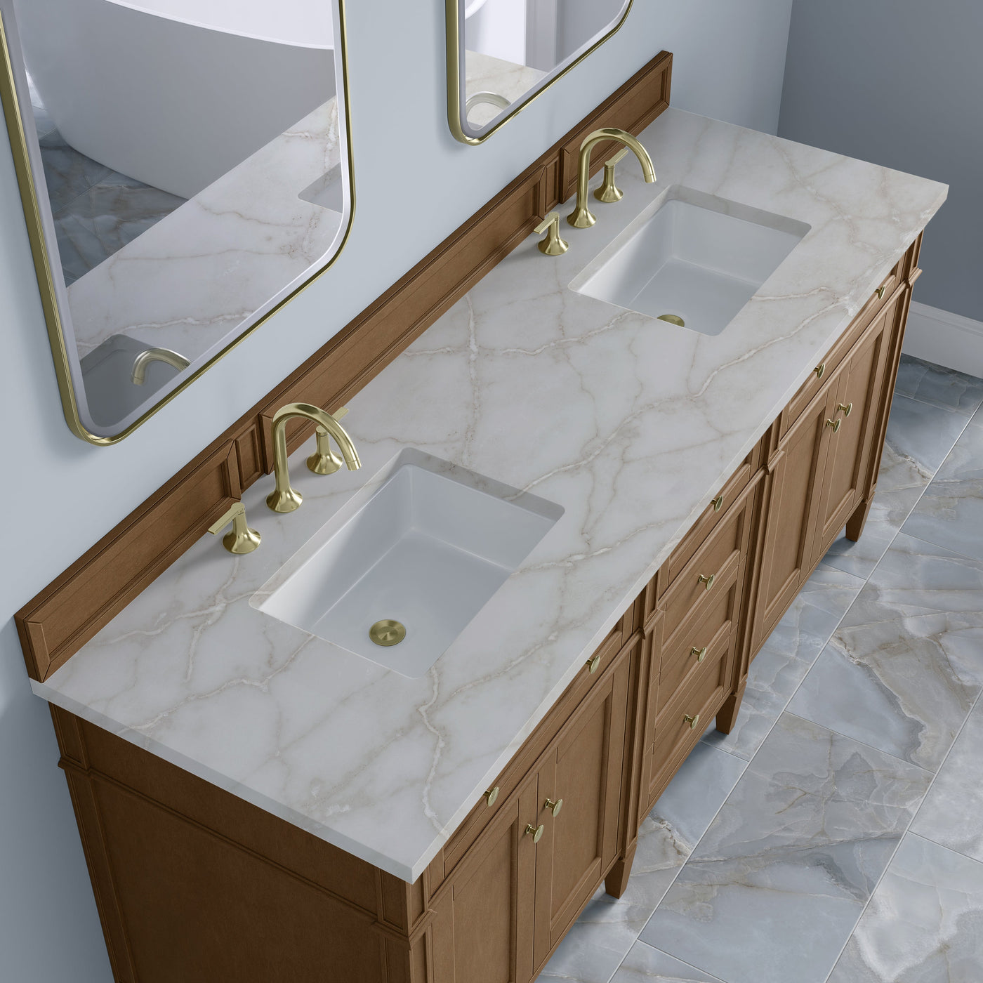 James Martin Brittany 72" Double Bathroom Vanity, Pecan with Victorian Silver countertop