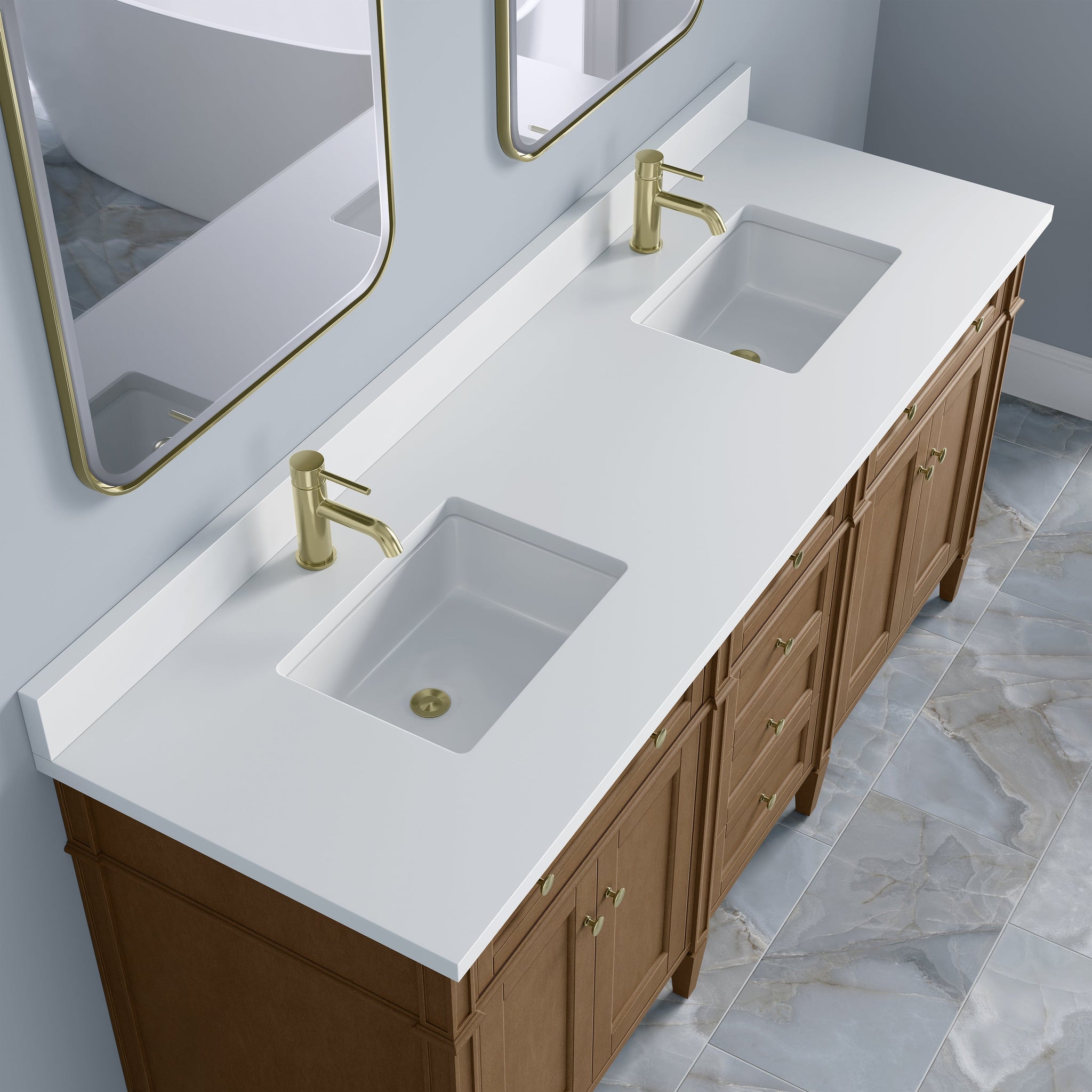 James Martin Brittany 72" Double Bathroom Vanity, Pecan with White Zeus (Single Hole) countertop