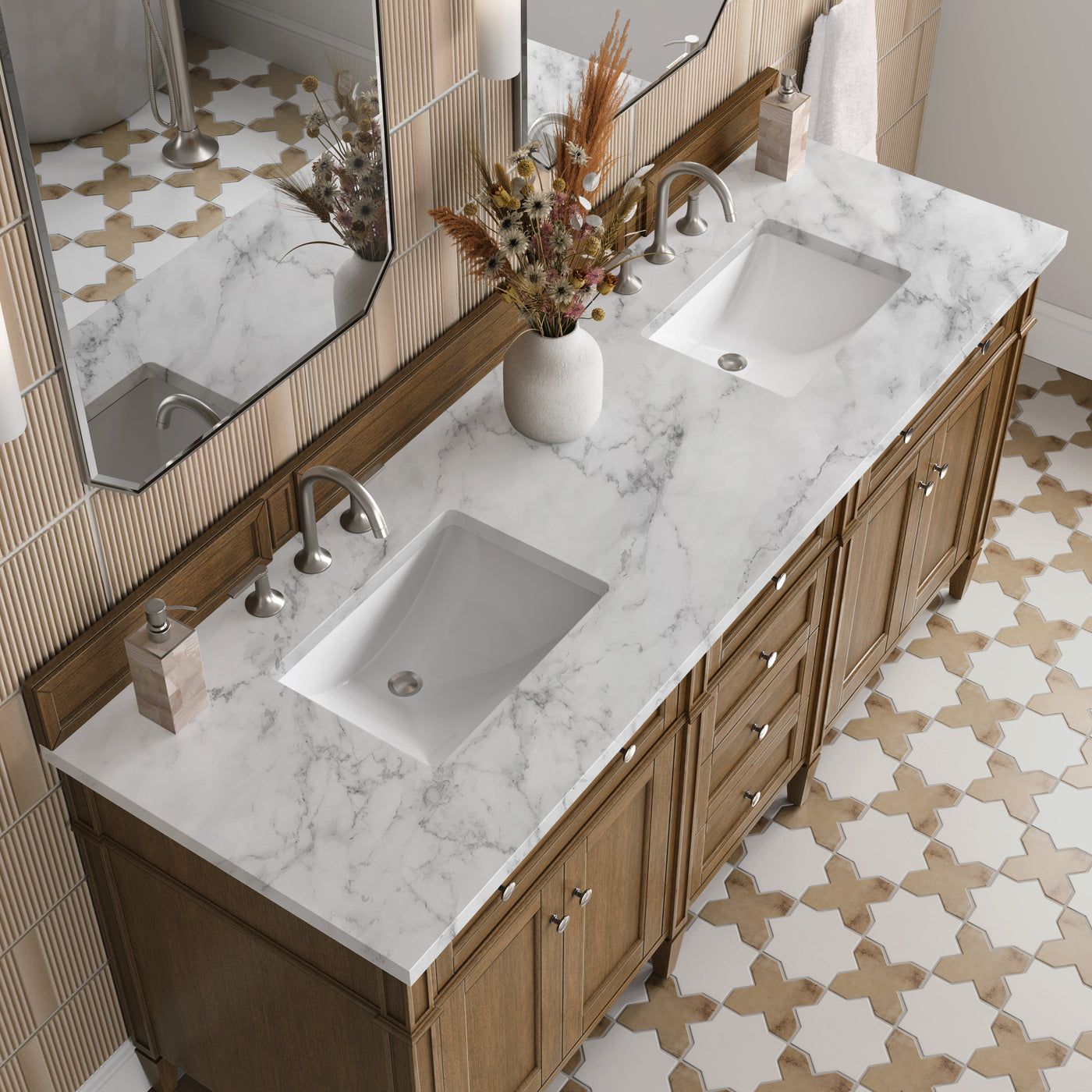 James Martin Brittany 72" Double Bathroom Vanity, Saddle Brown with Carrara White countertop