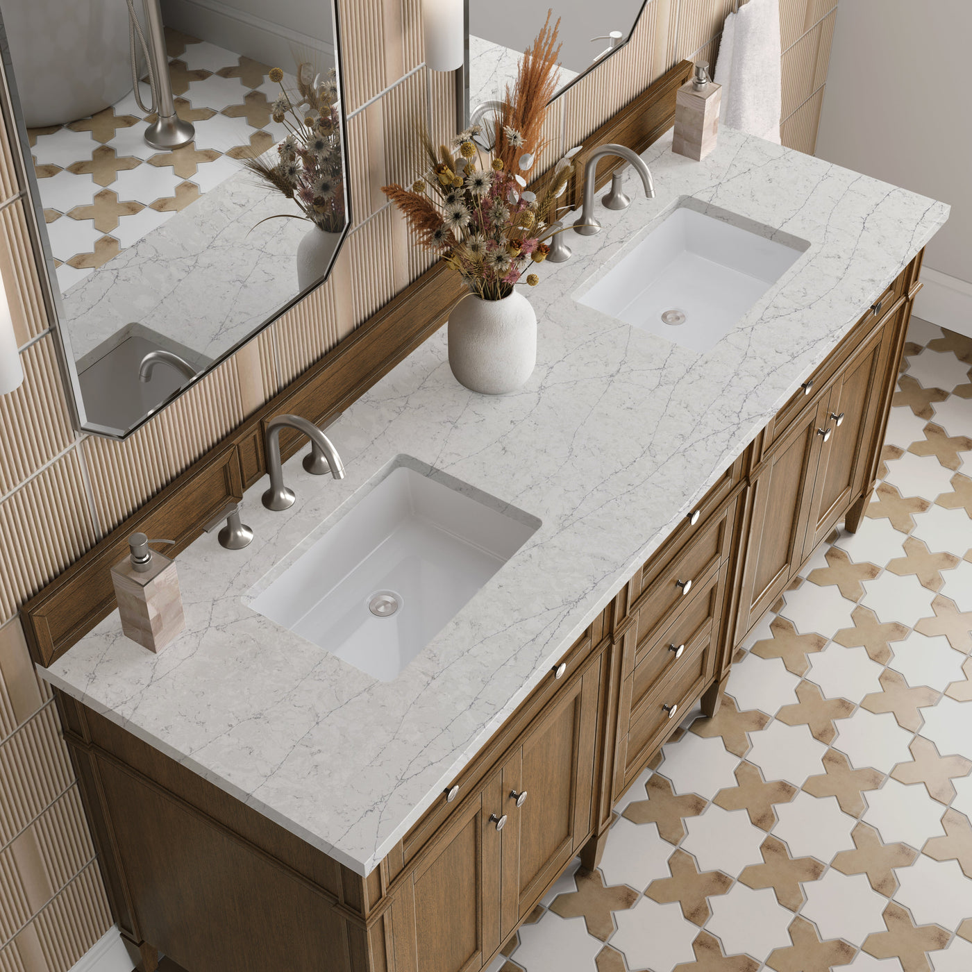 James Martin Brittany 72" Double Bathroom Vanity, Saddle Brown with Eternal Jasmine Pearl countertop