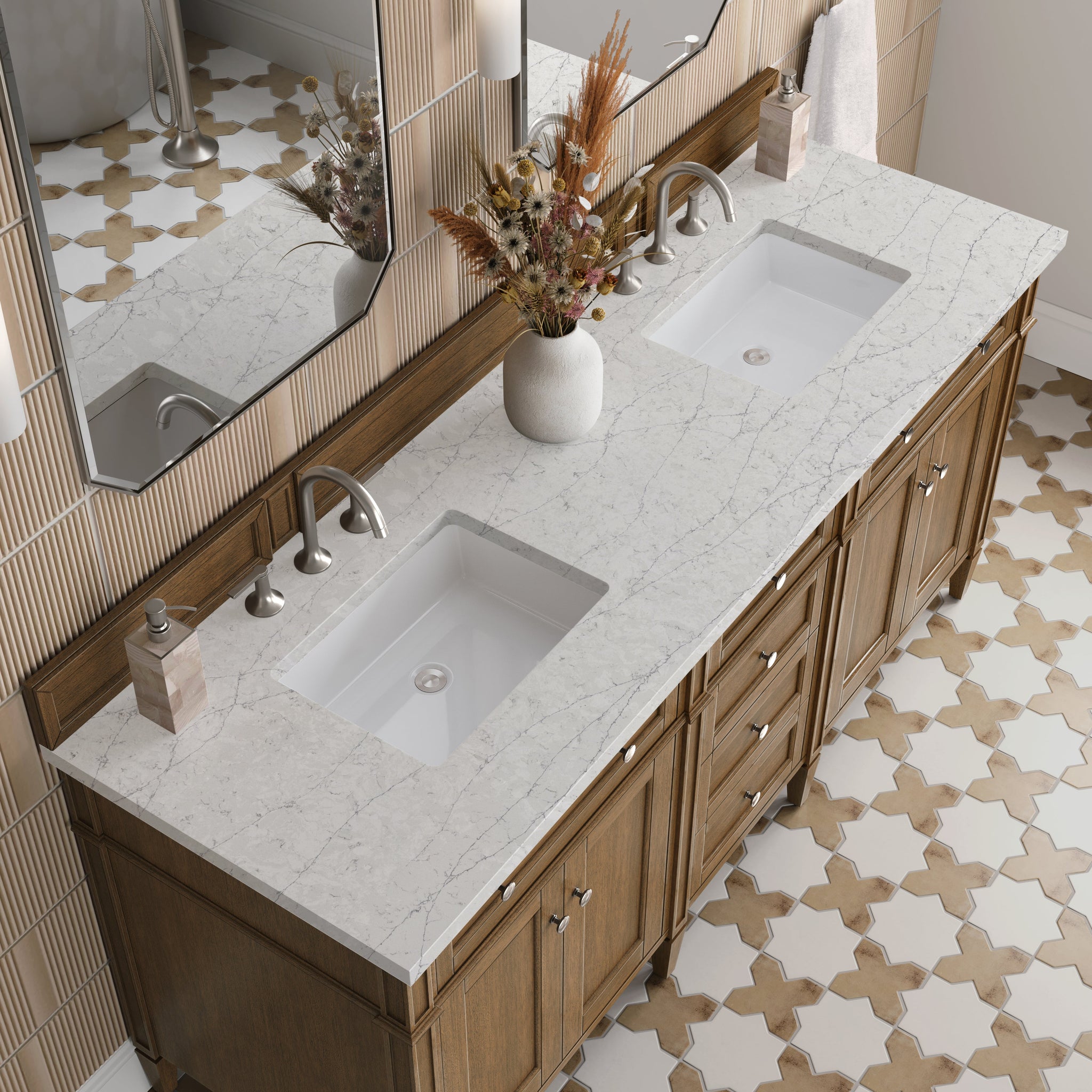 James Martin Brittany 72" Double Bathroom Vanity, Saddle Brown with Eternal Jasmine Pearl countertop