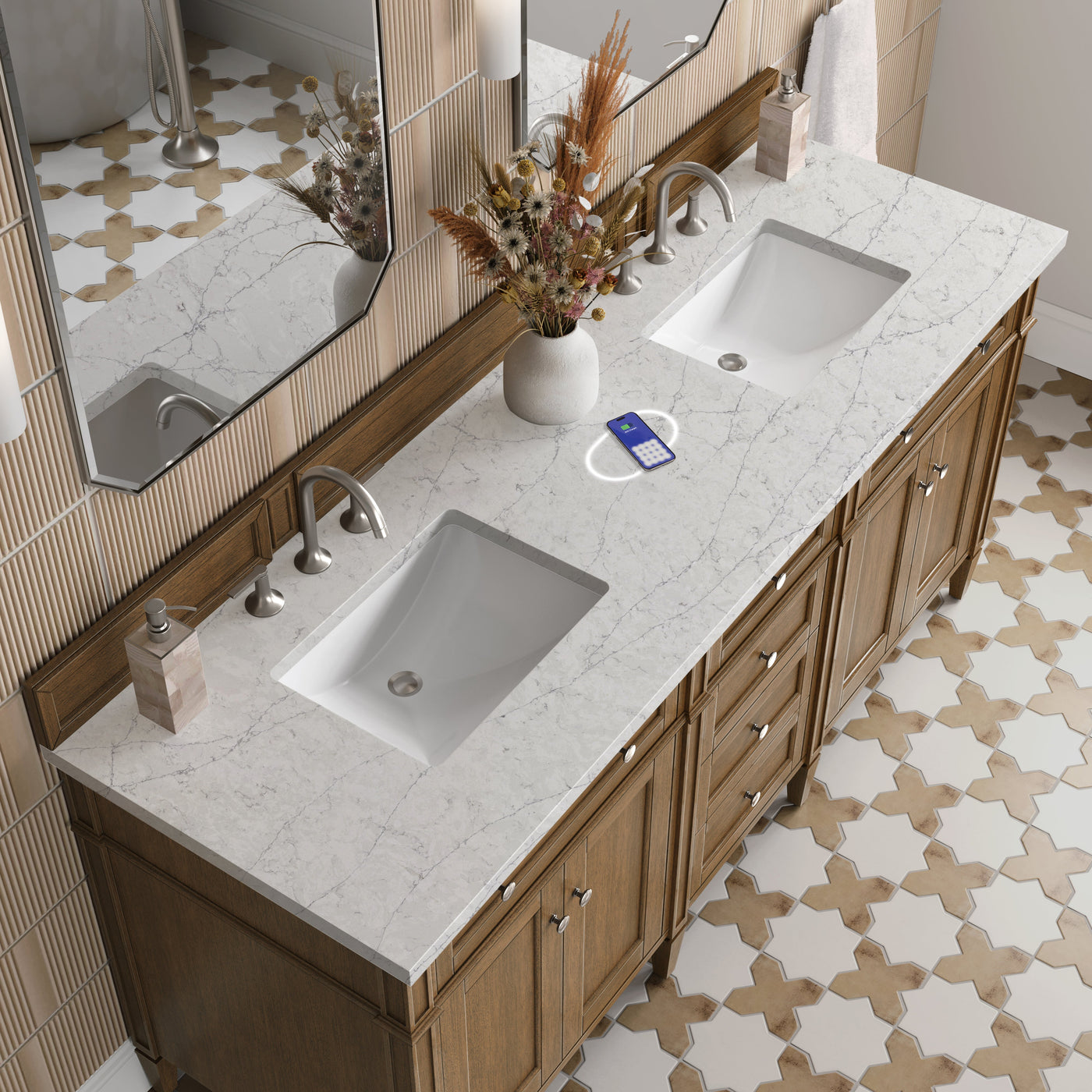 James Martin Brittany 72" Double Bathroom Vanity, Saddle Brown with Eternal Jasmine Pearl (FreePower) countertop