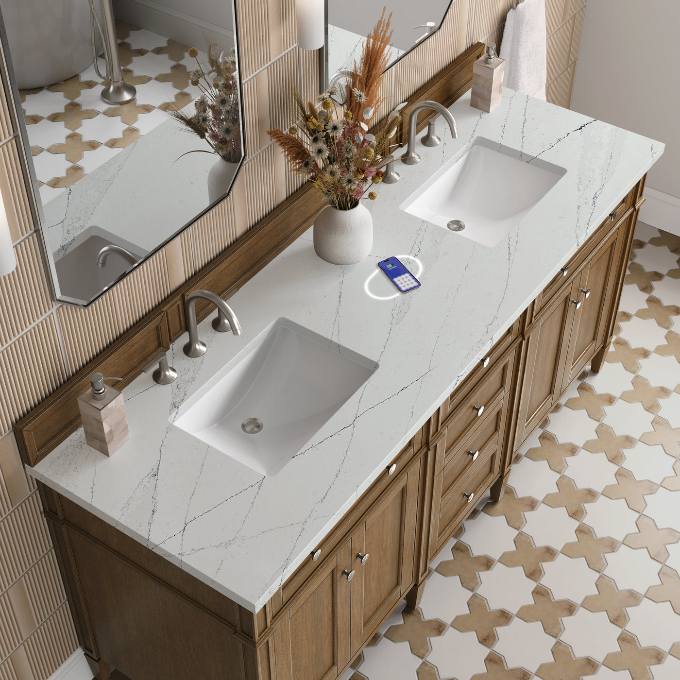 James Martin Brittany 72" Double Bathroom Vanity, Saddle Brown with Ethereal Noctis (FreePower) countertop