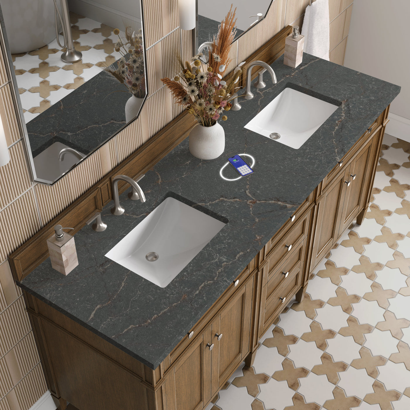 James Martin Brittany 72" Double Bathroom Vanity, Saddle Brown with Parisien Bleu (FreePower) countertop