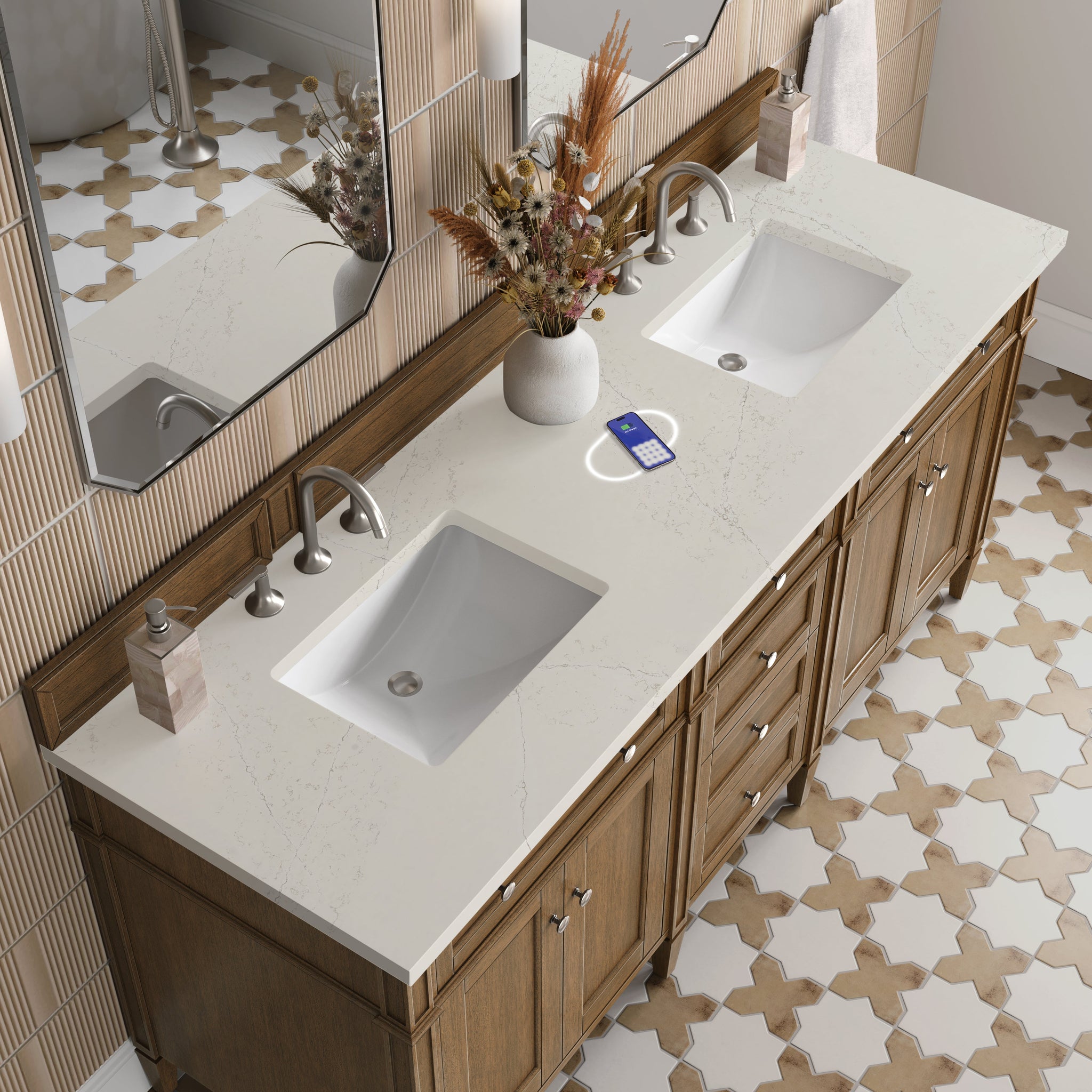 James Martin Brittany 72" Double Bathroom Vanity, Saddle Brown with Siberian (FreePower) countertop