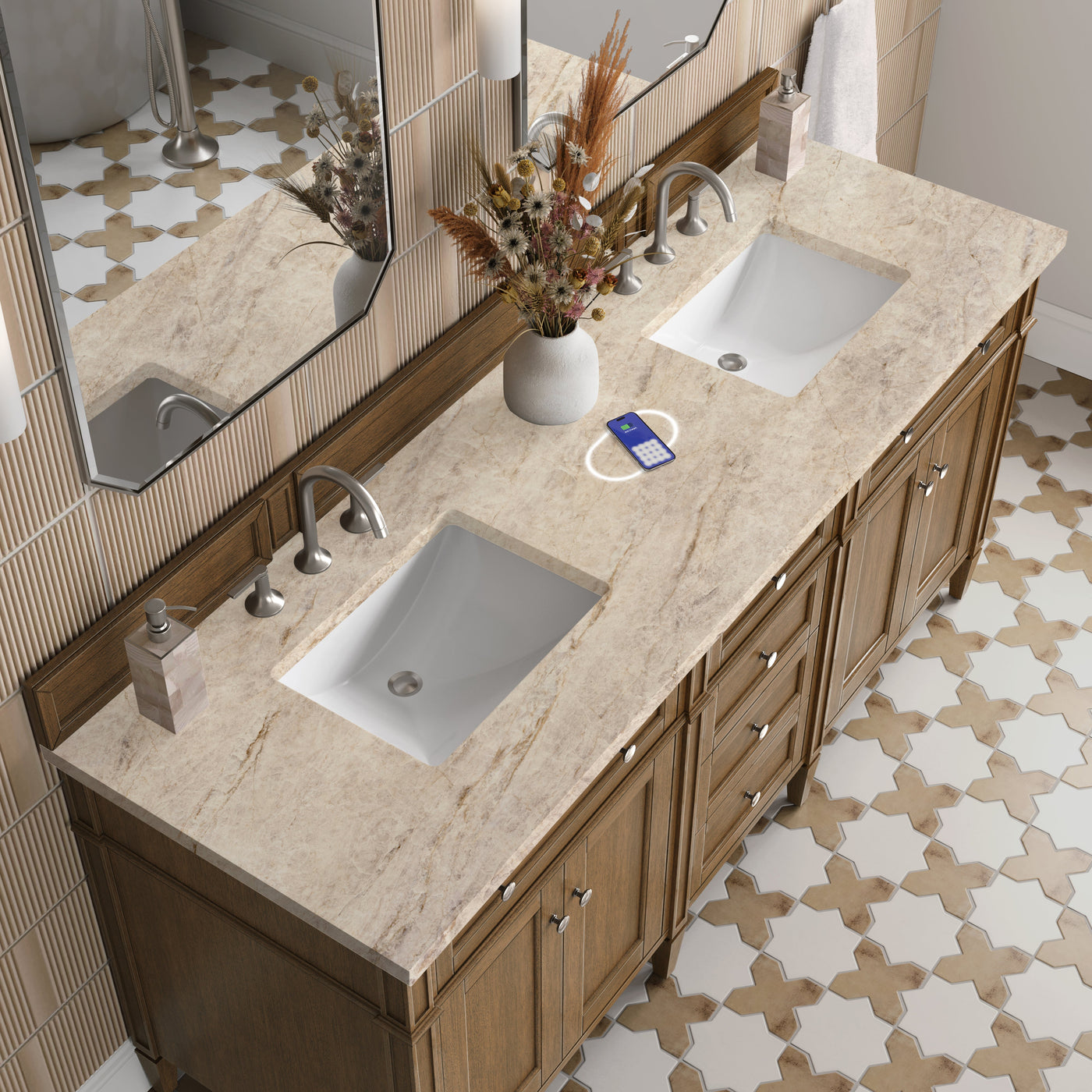 James Martin Brittany 72" Double Bathroom Vanity, Saddle Brown with Tajnar (FreePower) countertop