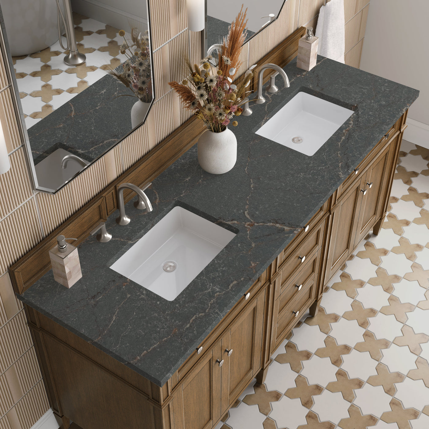 James Martin Brittany 72" Double Bathroom Vanity, Saddle Brown with Parisien Bleu countertop
