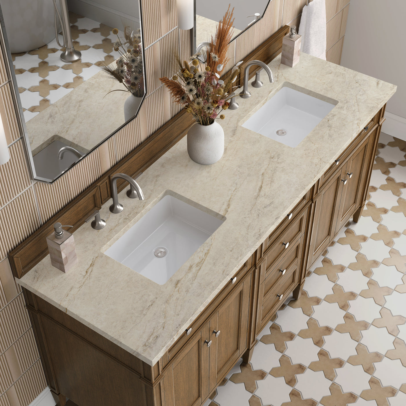 James Martin Brittany 72" Double Bathroom Vanity, Saddle Brown with Tajnar countertop