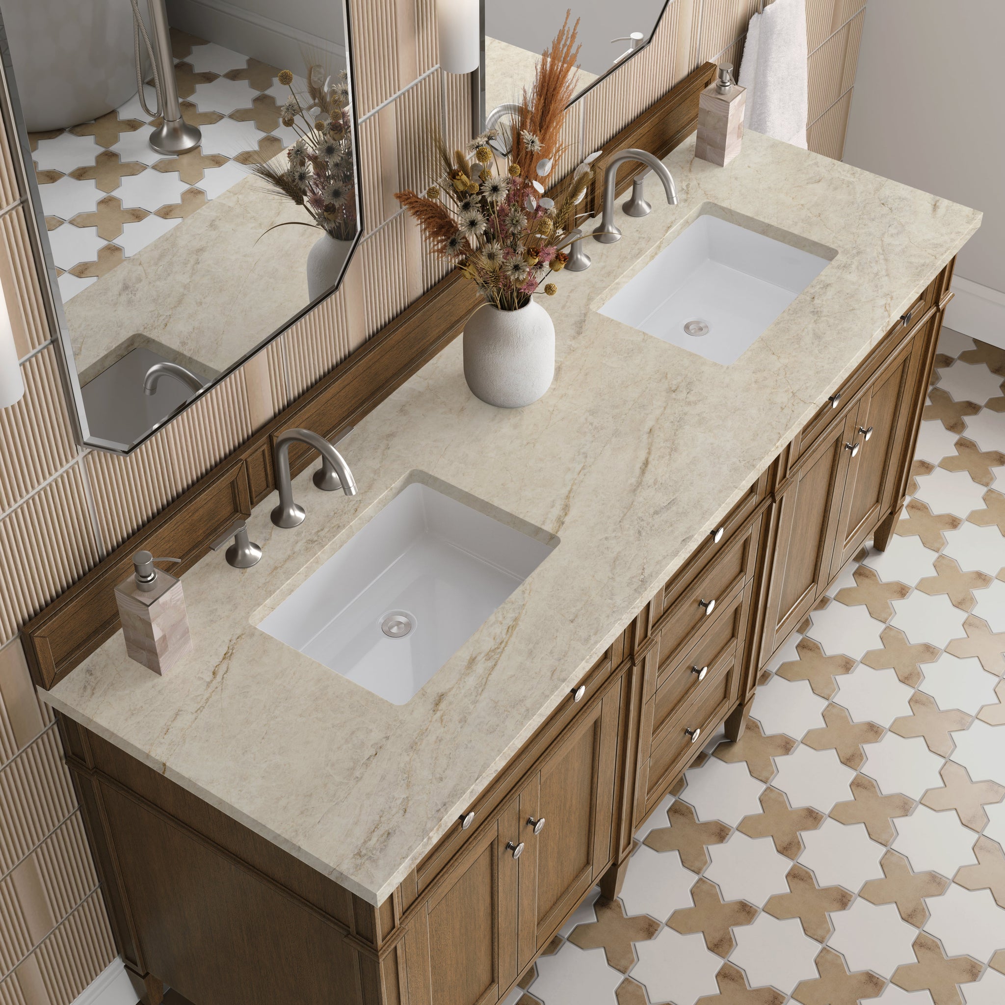 James Martin Brittany 72" Double Bathroom Vanity, Saddle Brown with Tajnar countertop