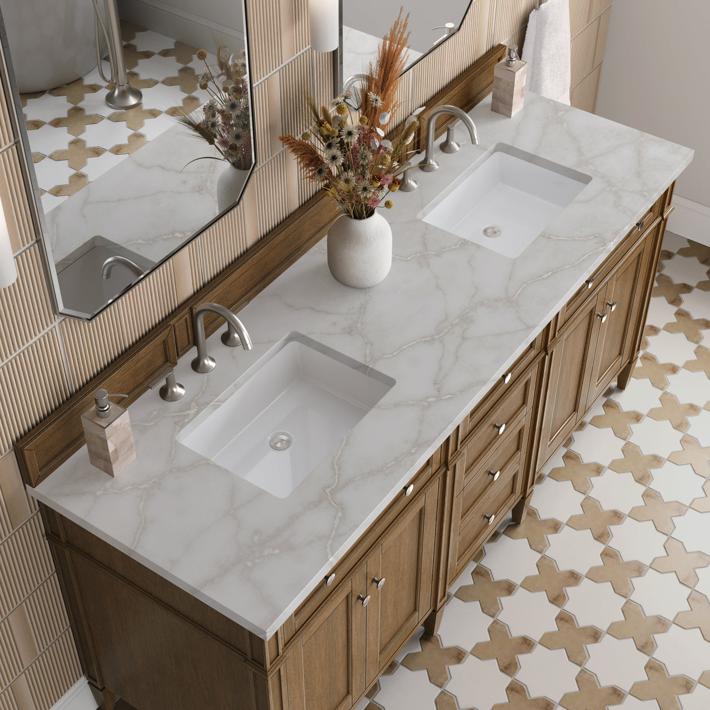James Martin Brittany 72" Double Bathroom Vanity, Saddle Brown with Victorian Silver countertop