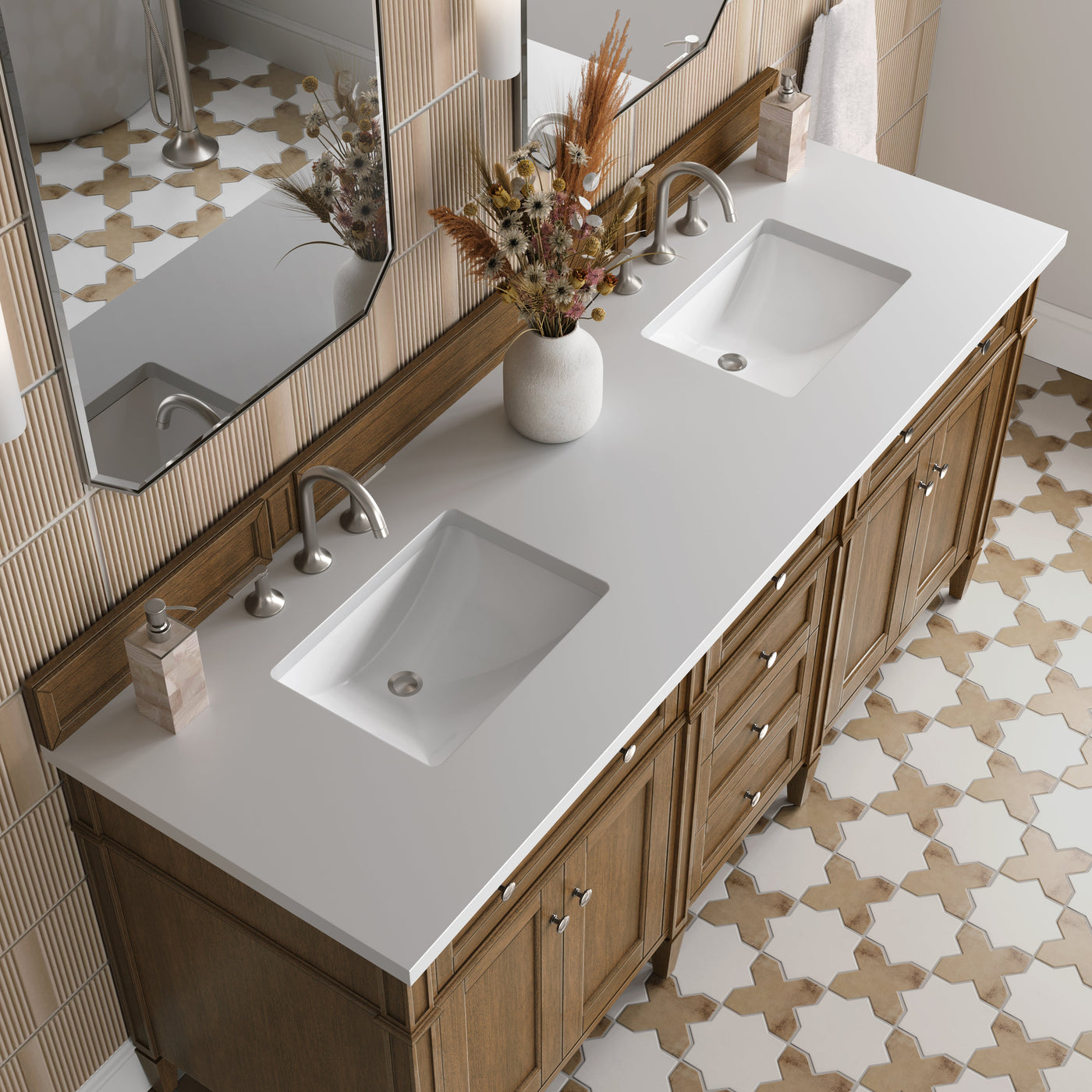 James Martin Brittany 72" Double Bathroom Vanity, Saddle Brown with White Zeus countertop