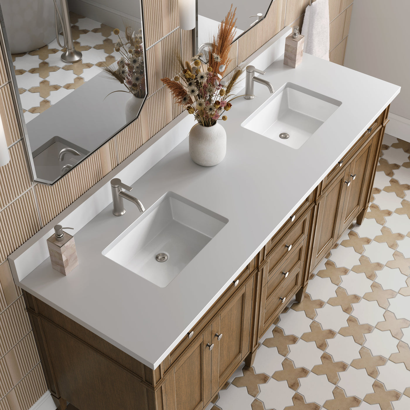 James Martin Brittany 72" Double Bathroom Vanity, Saddle Brown with White Zeus (Single Hole, with Backsplash) countertop