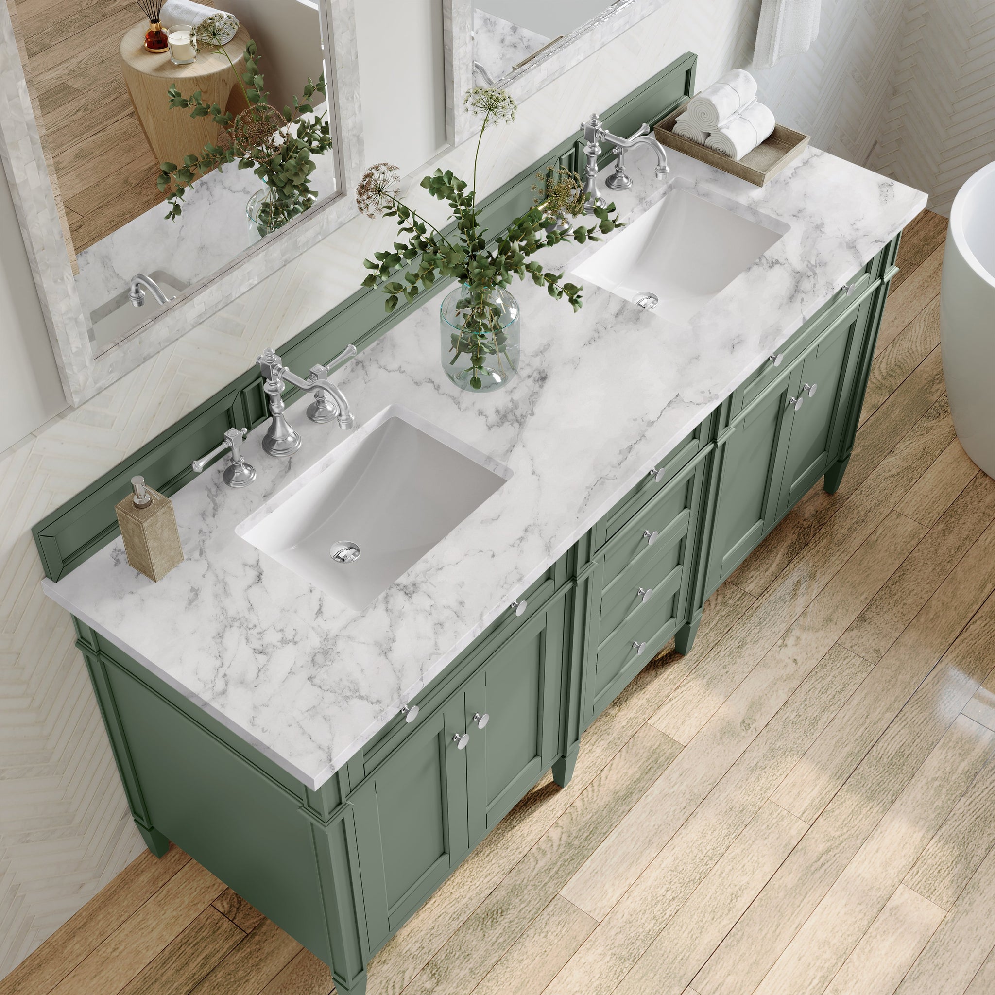 James Martin Brittany 72" Double Bathroom Vanity, Smokey Celadon with Carrara White countertop