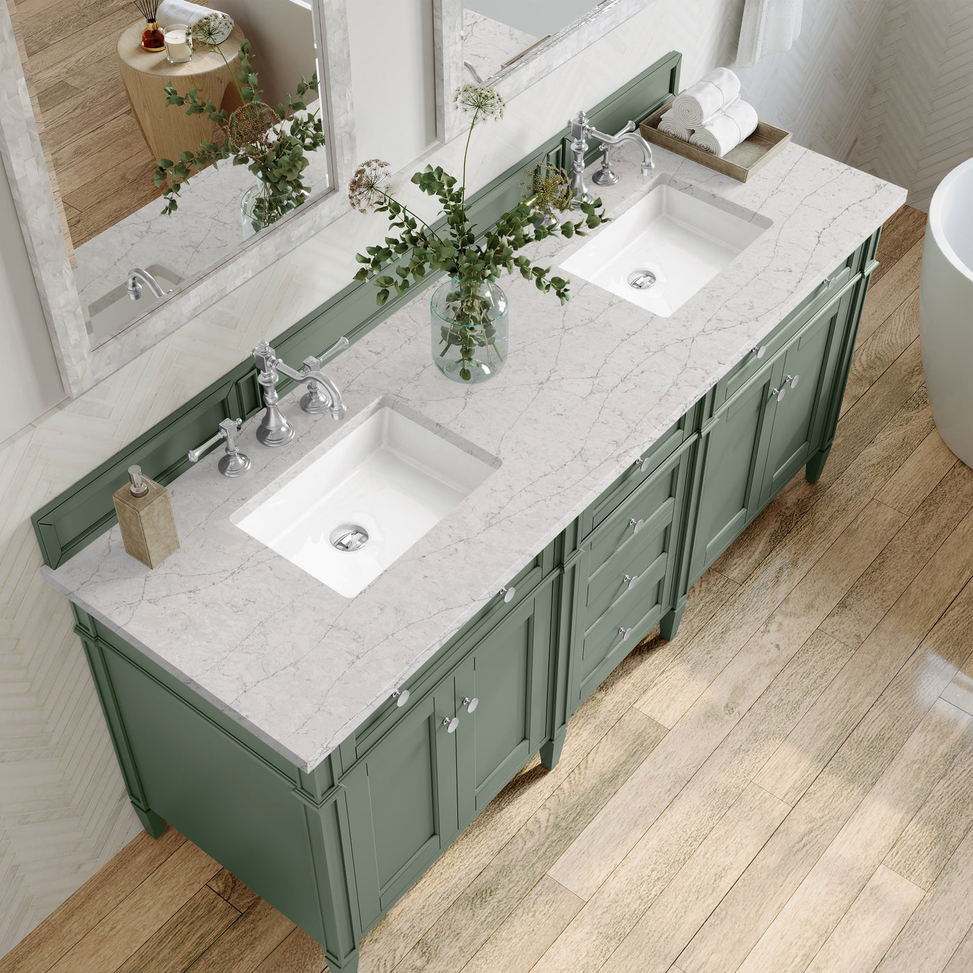 James Martin Brittany 72" Double Bathroom Vanity, Smokey Celadon with Eternal Jasmine Pearl countertop