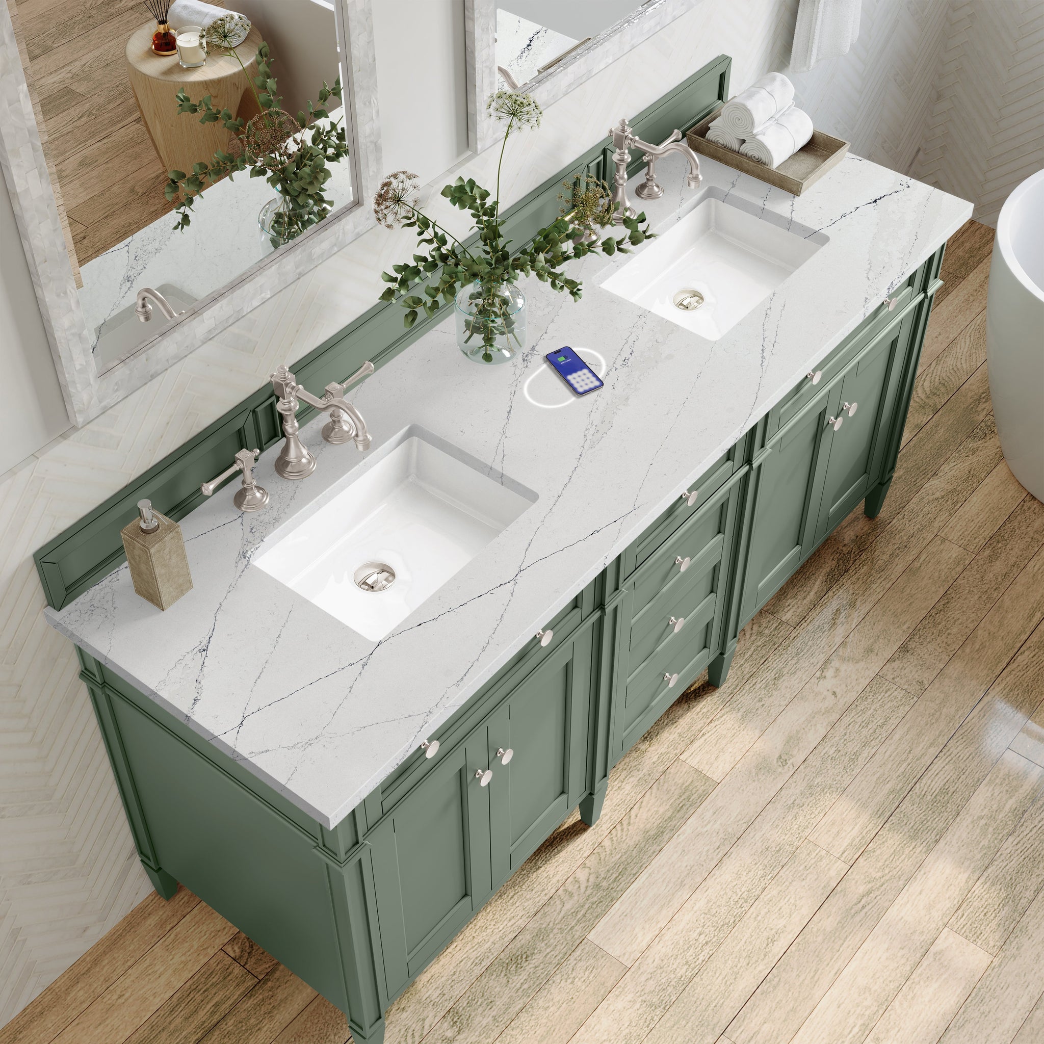 James Martin Brittany 72" Double Bathroom Vanity, Smokey Celadon with Ethereal Noctis (FreePower) countertop