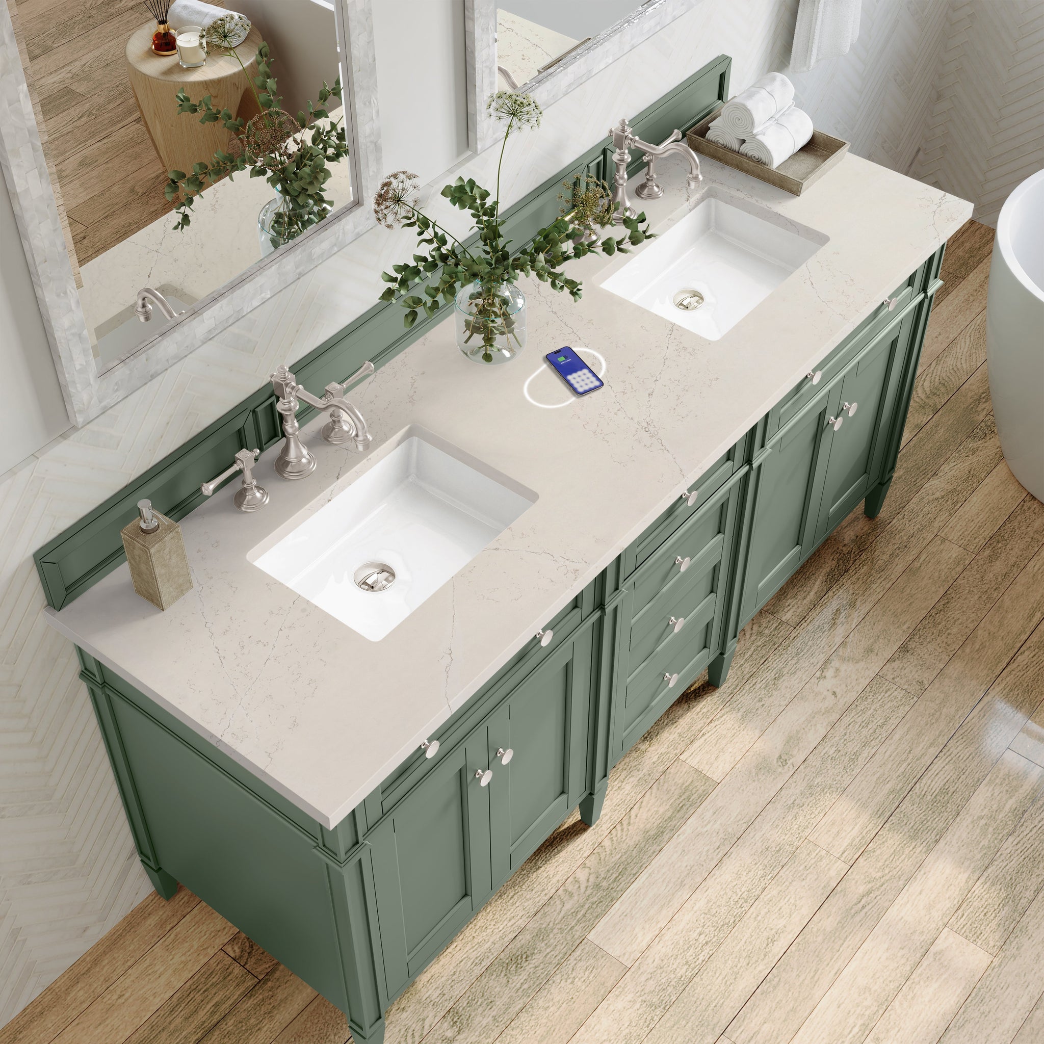 James Martin Brittany 72" Double Bathroom Vanity, Smokey Celadon with Siberian (FreePower) countertop