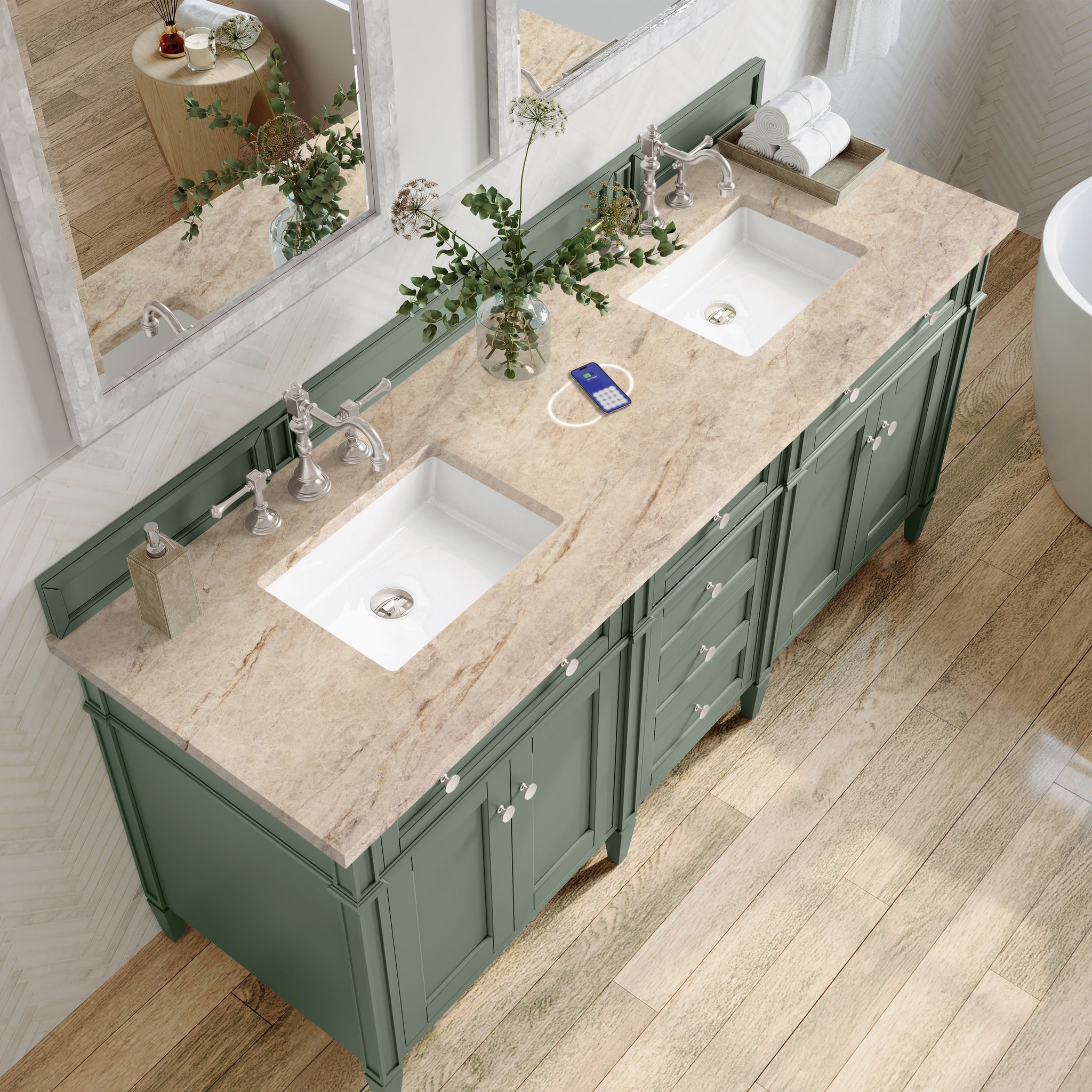James Martin Brittany 72" Double Bathroom Vanity, Smokey Celadon with Tajnar (FreePower) countertop
