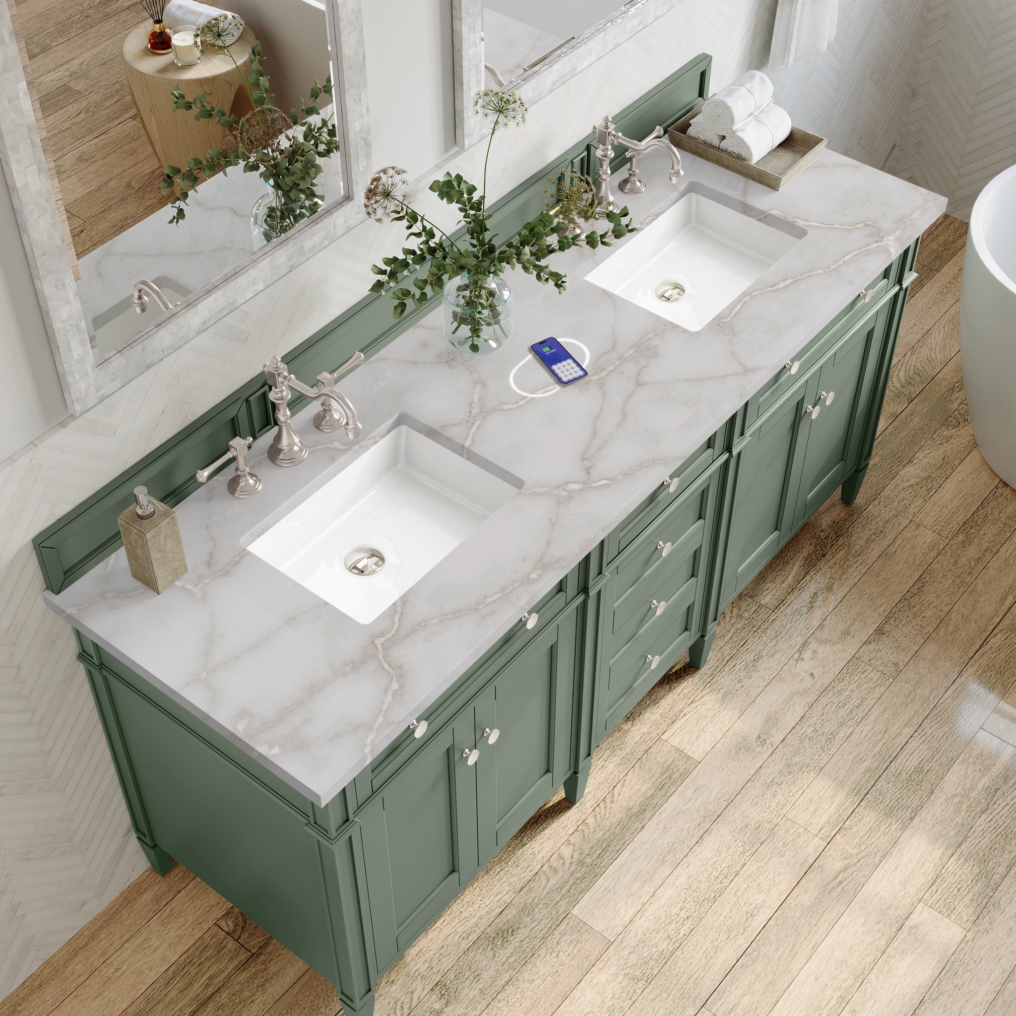 James Martin Brittany 72" Double Bathroom Vanity, Smokey Celadon with Victorian Silver (FreePower) countertop
