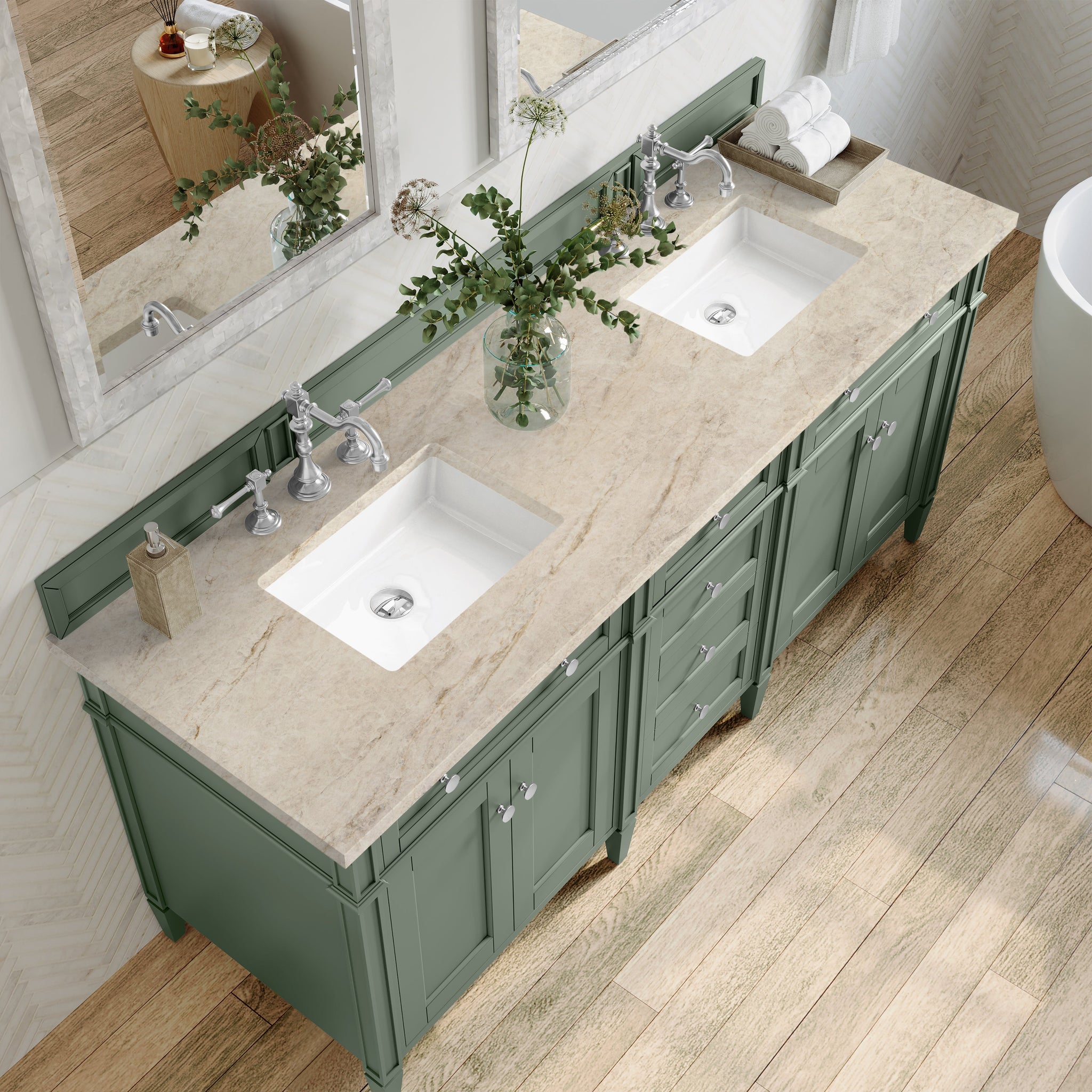 James Martin Brittany 72" Double Bathroom Vanity, Smokey Celadon with Tajnar countertop