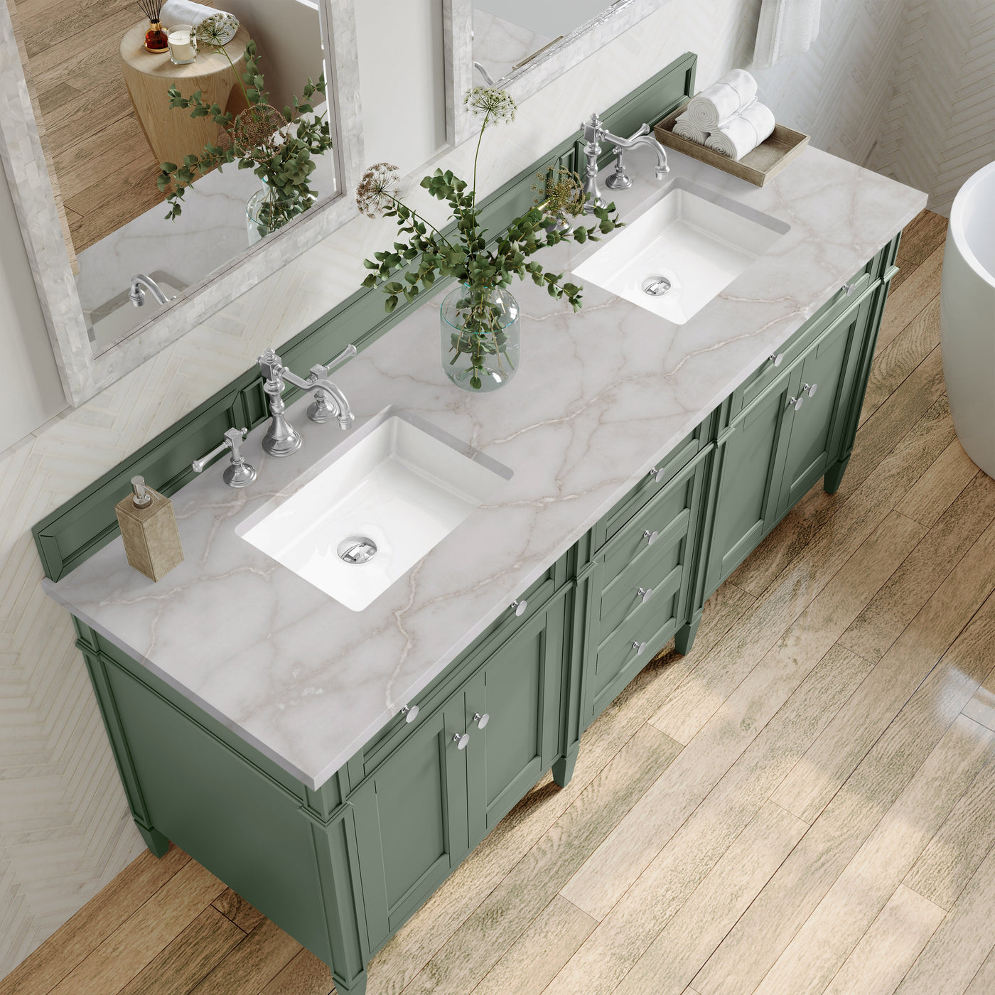 James Martin Brittany 72" Double Bathroom Vanity, Smokey Celadon with Victorian Silver countertop