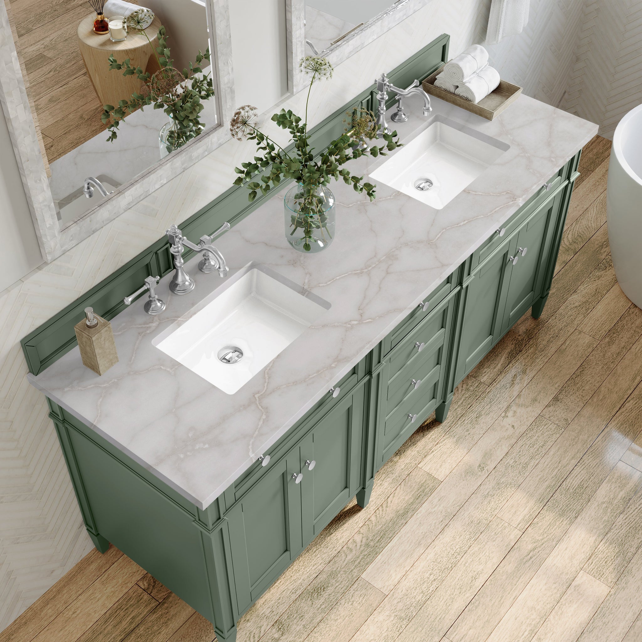 James Martin Brittany 72" Double Bathroom Vanity, Smokey Celadon with Victorian Silver countertop