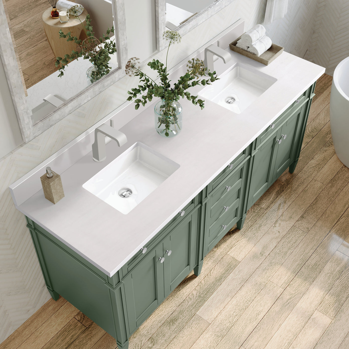 James Martin Brittany 72" Double Bathroom Vanity, Smokey Celadon with White Zeus (Single Hole, with Backsplash) countertop