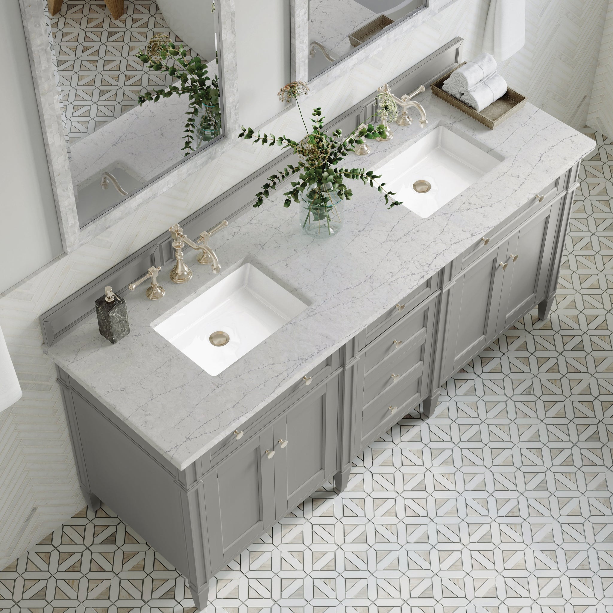 James Martin Brittany 72" Double Bathroom Vanity, Urban Gray with Eternal Jasmine Pearl countertop