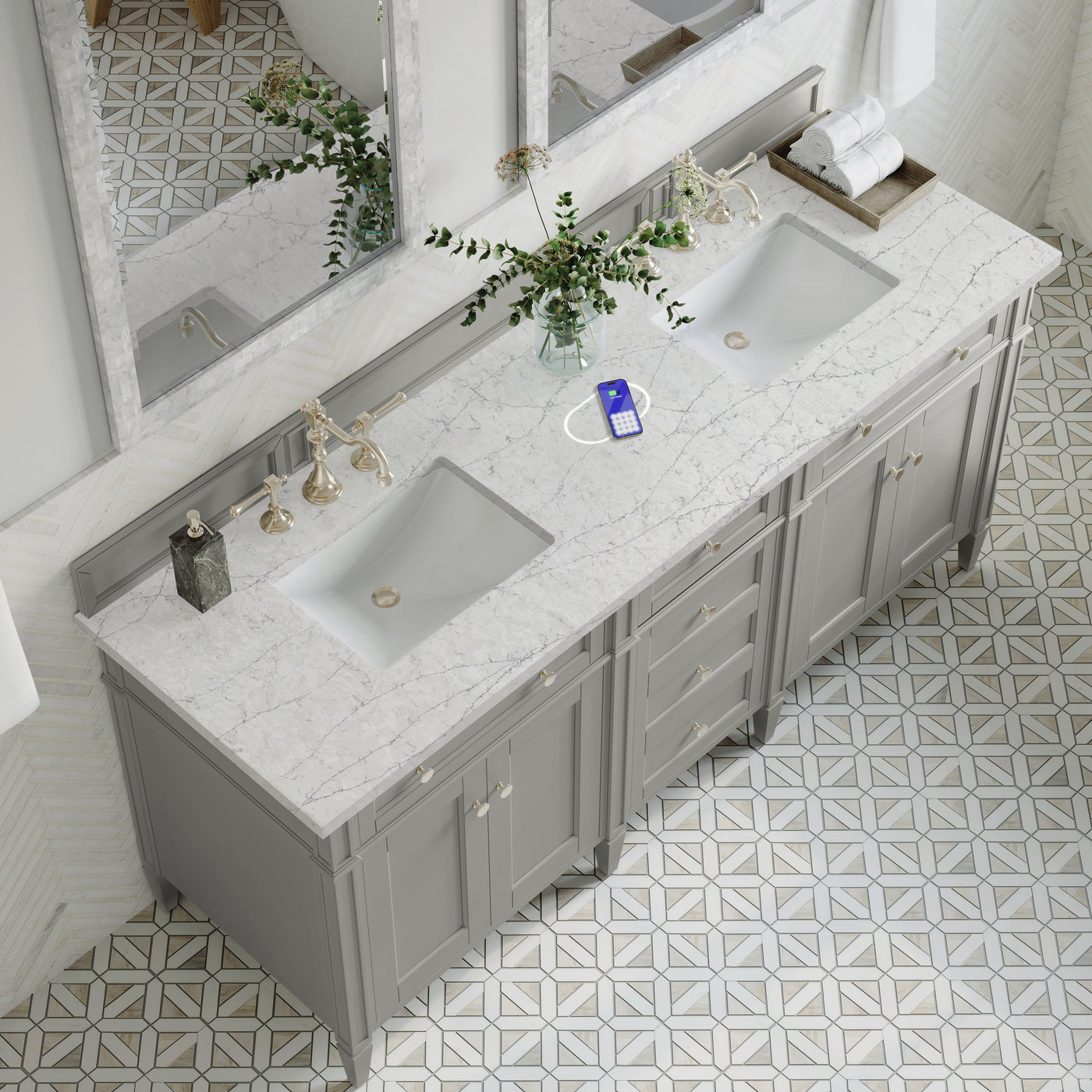 James Martin Brittany 72" Double Bathroom Vanity, Urban Gray with Eternal Jasmine Pearl (FreePower) countertop